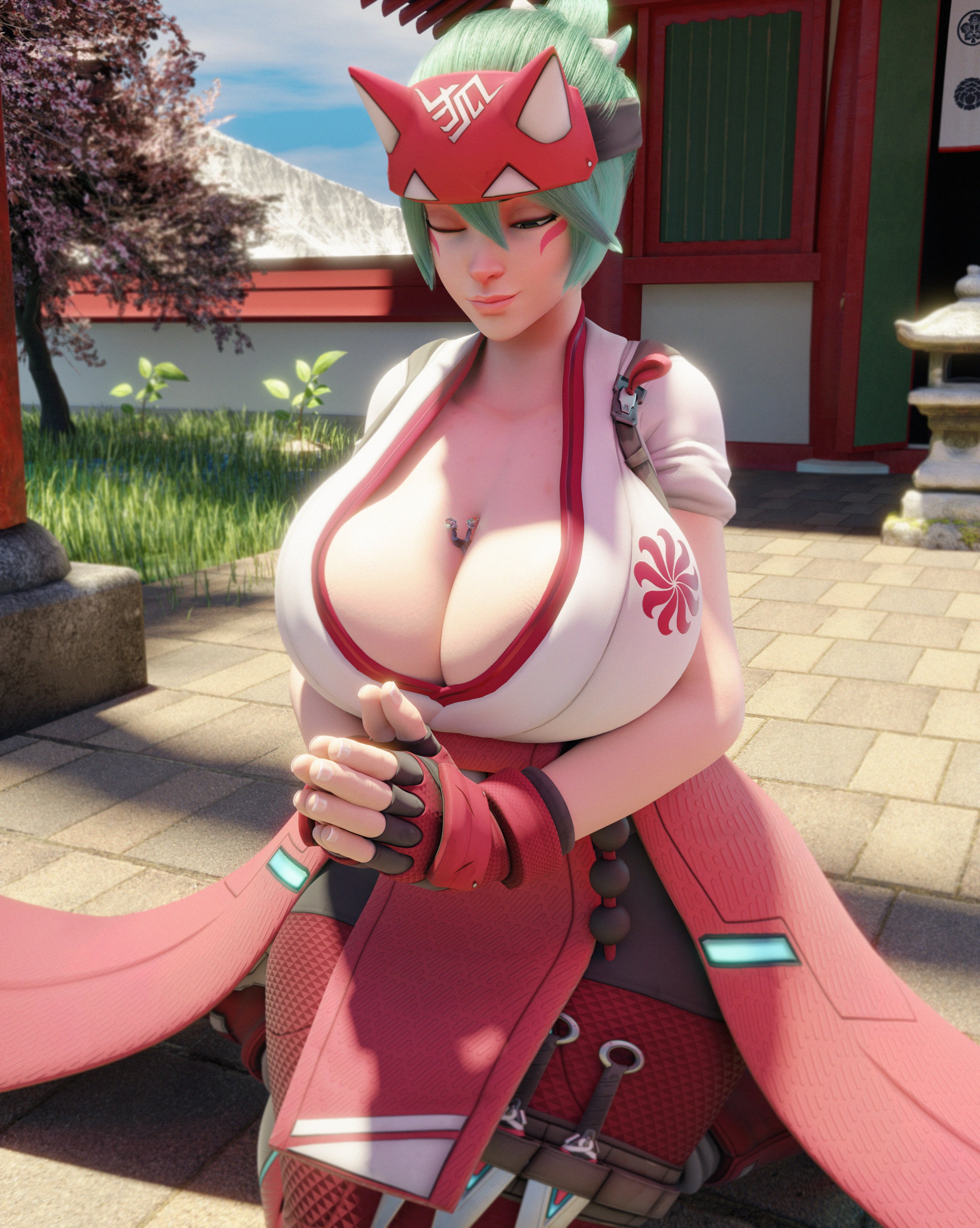 1girls, 3d, 3d (artwork), asian, asian female, blizzard entertainment, chinese, chinese female, clothed, clothed female, giantess, green hair, green hair female, huckleberry8181, japanese, japanese female, juno (overwatch), kiriko (overwatch), kiriko kamori, light skin, light-skinned female, overwatch, overwatch 2, scrag boy (model), scrag boy (style), shrunk, shrunken female, stuck between breasts, trapped between breasts, vietnamese, vietnamese female