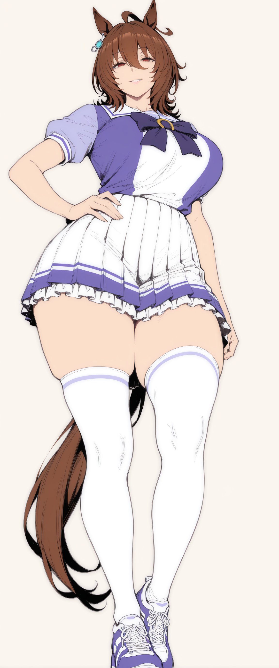 2d, 2d (artwork), 2d artwork, agnes tachyon (umamusume), ai generated, big breasts, breasts, brown hair, brown hair female, brunette female, brunette hair, clothed, clothed female, curvy, curvy body, curvy female, curvy figure, digital drawing (artwork), digital media, digital media (artwork), female, female focus, female only, hourglass figure, hourglass figured female, large boobs, large breasts, light skin, light-skinned female, reiranai, smile, smiling, smiling at viewer, solo, solo female, solo focus, tall female, tall girl, tall woman, thick thighs, thighs, umamusume, umamusume pretty derby, video game character, voluptuous, voluptuous body, voluptuous female