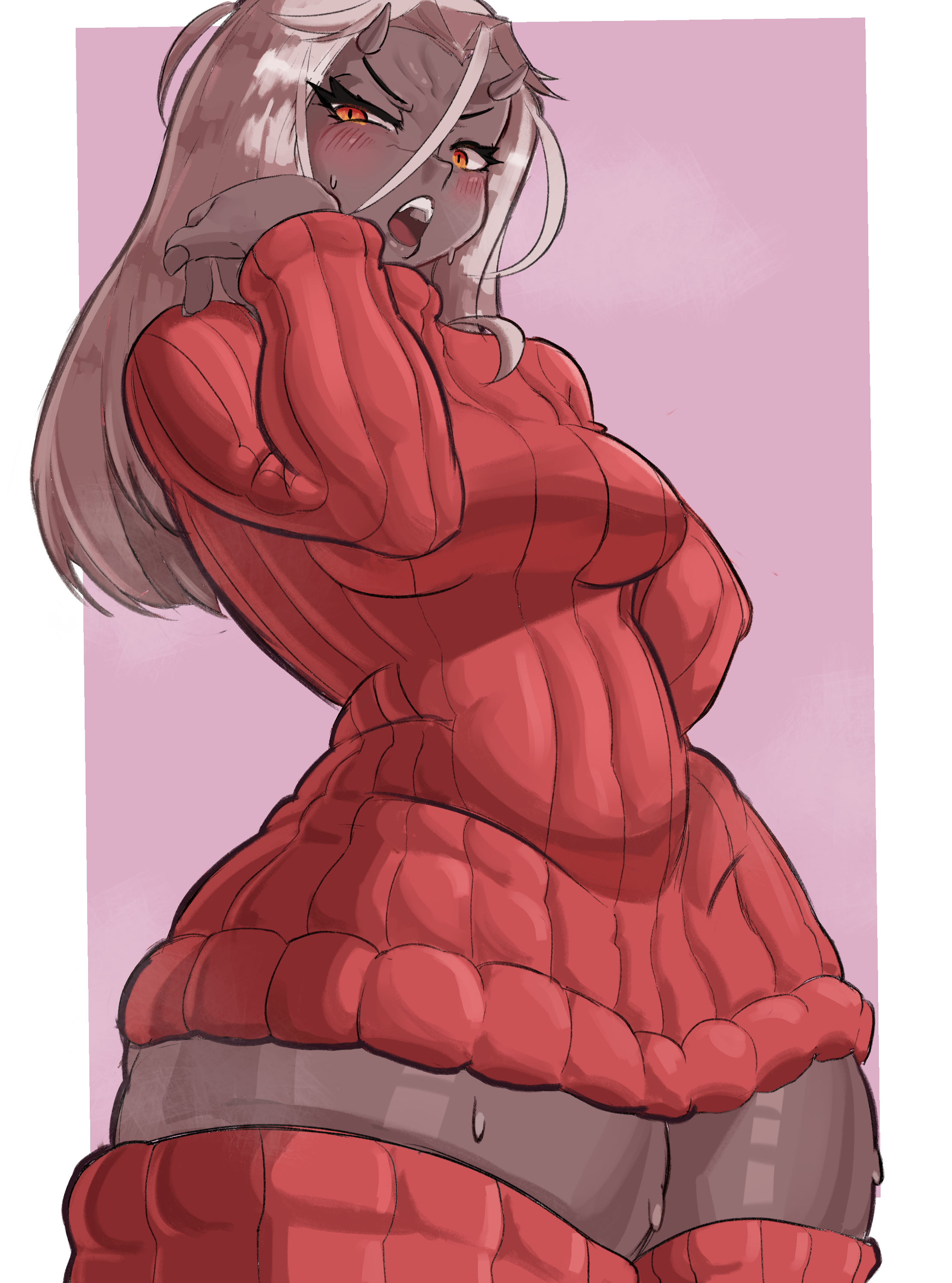 angry, blush, bottom heavy, calamitas, calamity mod, euvo, grey body, horns, orange eyes, red theme, sweat, sweater, terraria, thick thighs, thighhighs, white hair