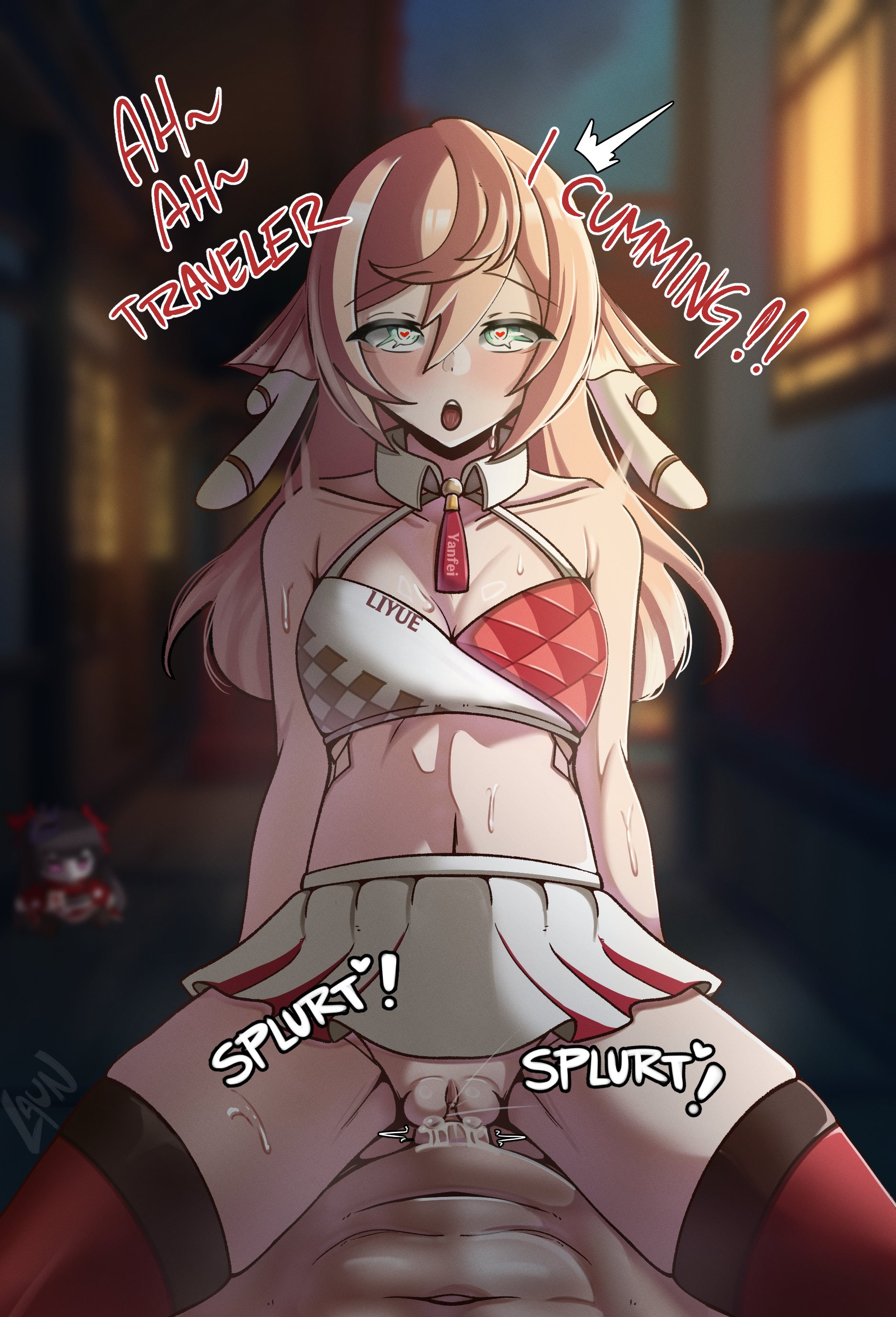 1boy, 1girls, aether (genshin impact), belly button, blush, cum, cum in pussy, cum inside, english text, genshin impact, green eyes, heart, heart-shaped pupils, holding, hoyoverse, laun, light skin, light-skinned female, light-skinned male, male pov, medium breasts, mihoyo, night, onomatopoeia, open mouth, outdoors, penetration, penis, pink hair, plushie, pov, race queen, sex, skirt, sparkle (honkai: star rail), sweat, symbol-shaped pupils, text, thighhighs, vaginal penetration, yanfei (genshin impact)