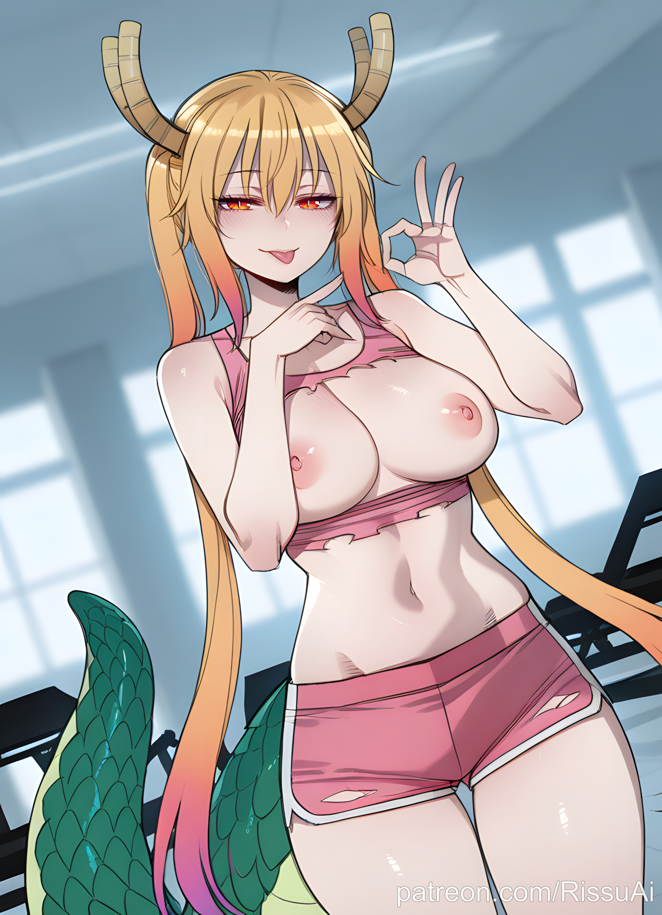 1female, 1girls, 2026, absurdres, aesthetic, ai generated, anime, anime style, beautiful, beautiful female, beautiful girl, big ass, big breasts, blonde hair, blurred background, blurry background, blush, blush lines, blushing female, breasts, bubble ass, bubble butt, cowboy shot, curvy, curvy body, curvy female, curvy figure, curvy hips, curvy thighs, cute, cute face, digital art, digital painting, dolphin shorts, dragon girl, dragon horns, dragon tail, dutch angle, excited, excited expression, excited female, excited for sex, female, gradient hair, gym, hair between eyes, high quality, highres, horns, horny, horny expression, horny face, horny female, huge breasts, indoors, kobayashi-san chi no maidragon, large ass, large breasts, line art, long hair, looking at viewer, midriff, miss kobayashi's dragon maid, multicolored hair, navel, nipples, orange eyes, orange hair, patreon, patreon link, patreon username, pink shorts, red eyes, rissuai, scales, sexy, sexy body, sexy female, sexy pose, short shorts, shorts, smile, soft shading, solo, solo focus, stomach, tail, tank top, thick, thigh gap, tohru (dragon maid), tohru (maidragon), tongue, tongue out, torn clothes, twintails, very long hair, web address