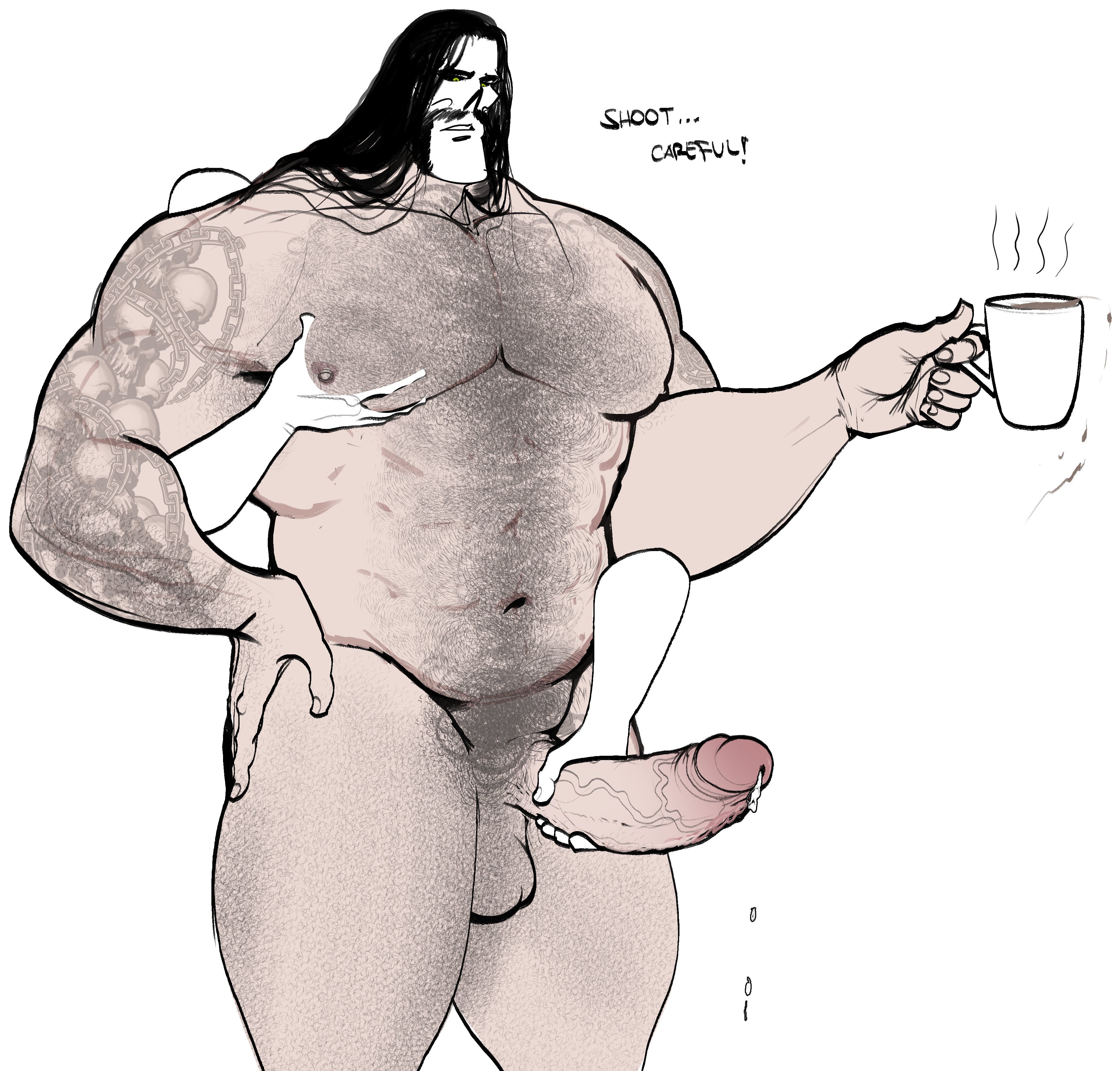 1boy, balls, ballsack, bara, bara tiddies, bara tits, bear (body type), beard, beefy, belly, belly hair, biceps, big muscles, big penis, body hair, bopehol, bulky, busty, busty male, chest hair, chubby, coffee cup, completely nude, cum, cumdrip, dad bod, dadbod, daddy, dilf, english text, erection, facial hair, gay, goth makeup, grabbing penis, green eyes, hairy, hairy arms, hairy balls, hairy belly, hairy chest, hairy male, hairy stomach, hairy thighs, hand on hip, handjob, holding cup, holding object, huge cock, huge muscles, huge pecs, light skin, light-skinned male, long hair, long hair male, male, male breasts, male nipples, male only, manly, masculine male, masturbation, mature, mature male, moobs, moustache, muscle worship, musclegut, muscles, muscular, muscular male, naked, nipples, nude, nude male, original character, pale skin, pale-skinned male, pec grab, pecs, pectorals, penis, pubic hair, skull tattoo, solo, standing, tattooed arm, tattoos, testicles, text, thick forearms, thick penis, thick thighs, thunder thighs, white background