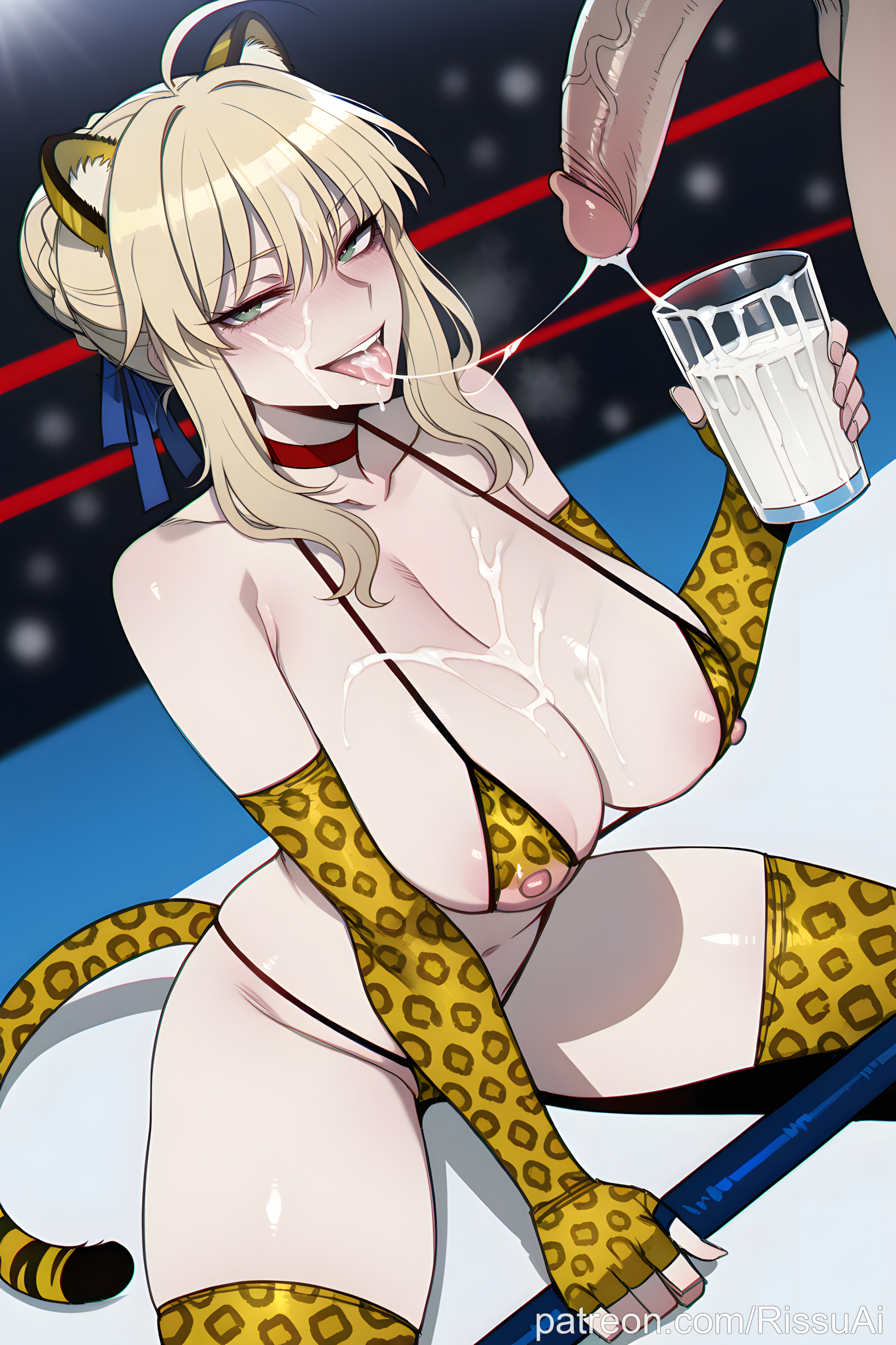 1boy, 1female, 1girls, 2026, absurdres, aesthetic, after ejaculation, after fellatio, ahoge, ai generated, alternate costume, animal ears, animal print, anime, anime style, artist name, artoria pendragon, bare shoulders, beautiful, beautiful female, beautiful girl, big ass, big breasts, bikini, blonde hair, blue ribbon, blurred background, blush, blush lines, blushing female, braid, breasts, bubble ass, bubble butt, choker, cleavage, collarbone, cum, cum in container, cum in mouth, cum on body, cum on breasts, cum on hair, cum on tongue, cum string, cup, curvy, curvy body, curvy female, curvy figure, curvy hips, curvy thighs, cute, cute face, digital art, digital painting, elbow gloves, erection, excited, excited expression, excited female, excited for sex, facial, fake animal ears, fake tail, fate (series), fate/grand order, fate/stay night, fate/zero, female, fingerless gloves, french braid, gloves, gokkun, green eyes, hair bun, hair ribbon, high quality, highres, holding, holding cup, horny, horny expression, horny face, horny female, huge breasts, large ass, large breasts, leopard print, leopard tail, line art, looking at viewer, micro bikini, navel, nipples, open mouth, patreon, patreon link, patreon username, penis, pole, print bikini, print gloves, print thighhighs, red choker, ribbon, rissuai, saber, sexy, sexy body, sexy female, sexy pose, sidelocks, smile, soft shading, solo focus, squatting, straight, stripper pole, swimsuit, tail, thick, thighhighs, thighs, tiger print, tongue, tongue out, uncensored, veins, veiny penis