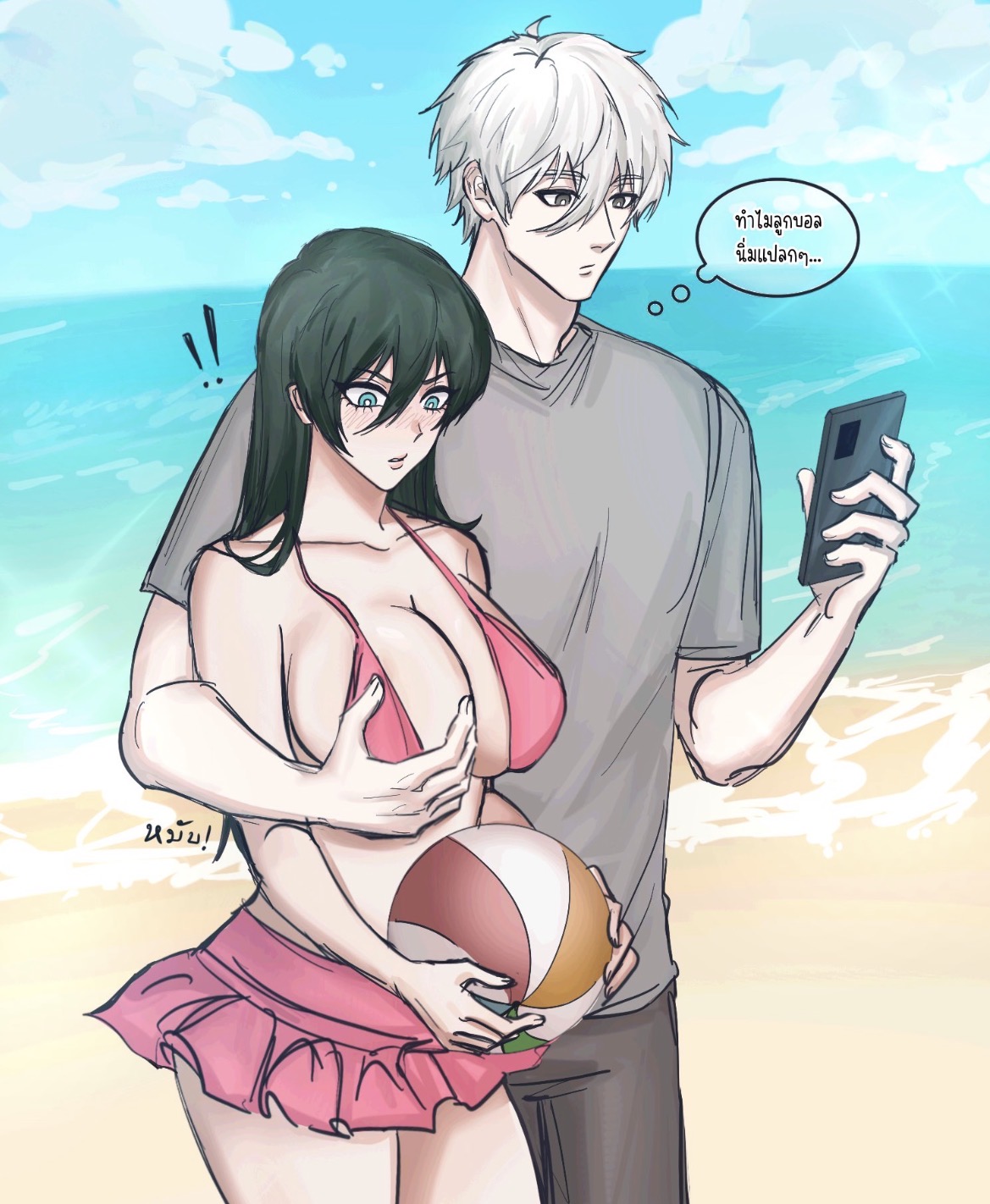 beach, big breasts, blue lock, busty female, crack pairing, curvy female, femlock, green hair, hair between eyes, hand on breast, hips, itoshi rin, legs, long hair, male/female, nagi seishiro, nonchalant, rule 63, swim skirt, white hair