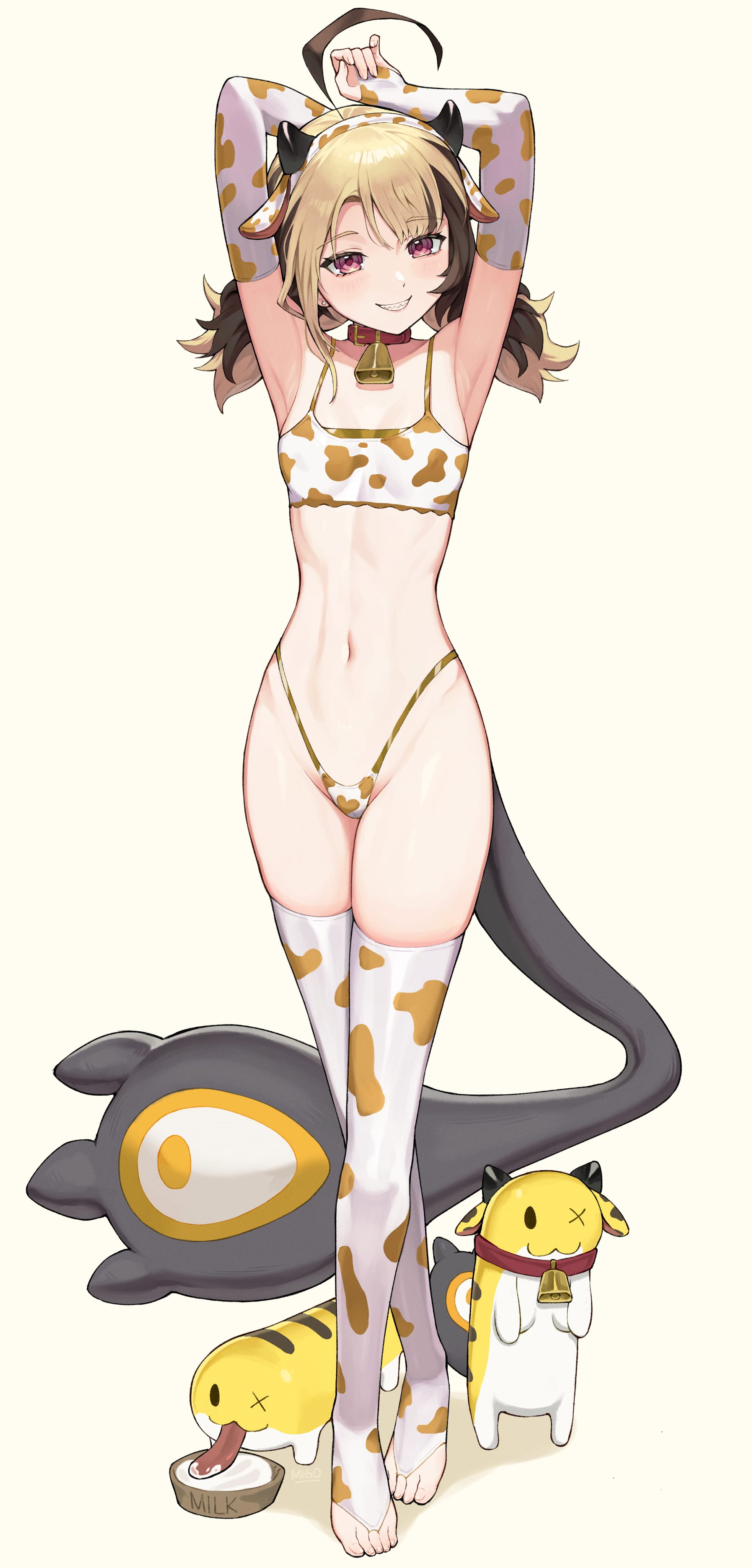 1girls, armpits, belly button, blonde hair, breasts, brown hair, collar, cow print, cow print bikini, cow print gloves, cowbell, cowbell collar, female, female only, fingerless gloves, gigi murin, gloves, grem (gigi murin), hololive, hololive english, hololive english -justice-, light skin, light-skinned female, migokami, pink eyes, small breasts, solo, tail, two-tone hair, virtual youtuber