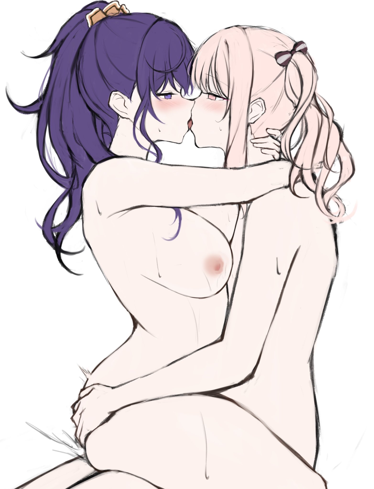 2girls, a dayo 15, akiyama mizuki, asahina mafuyu, big breasts, couple, female only, female/female, hair ribbon, hand on ass, hands behind head, kissing, kissing while penetrated, lesbian couple, lesbian kiss, pink eyes, pink hair, project sekai, purple eyes, purple hair, thick thighs, trans woman, transfem, yuri