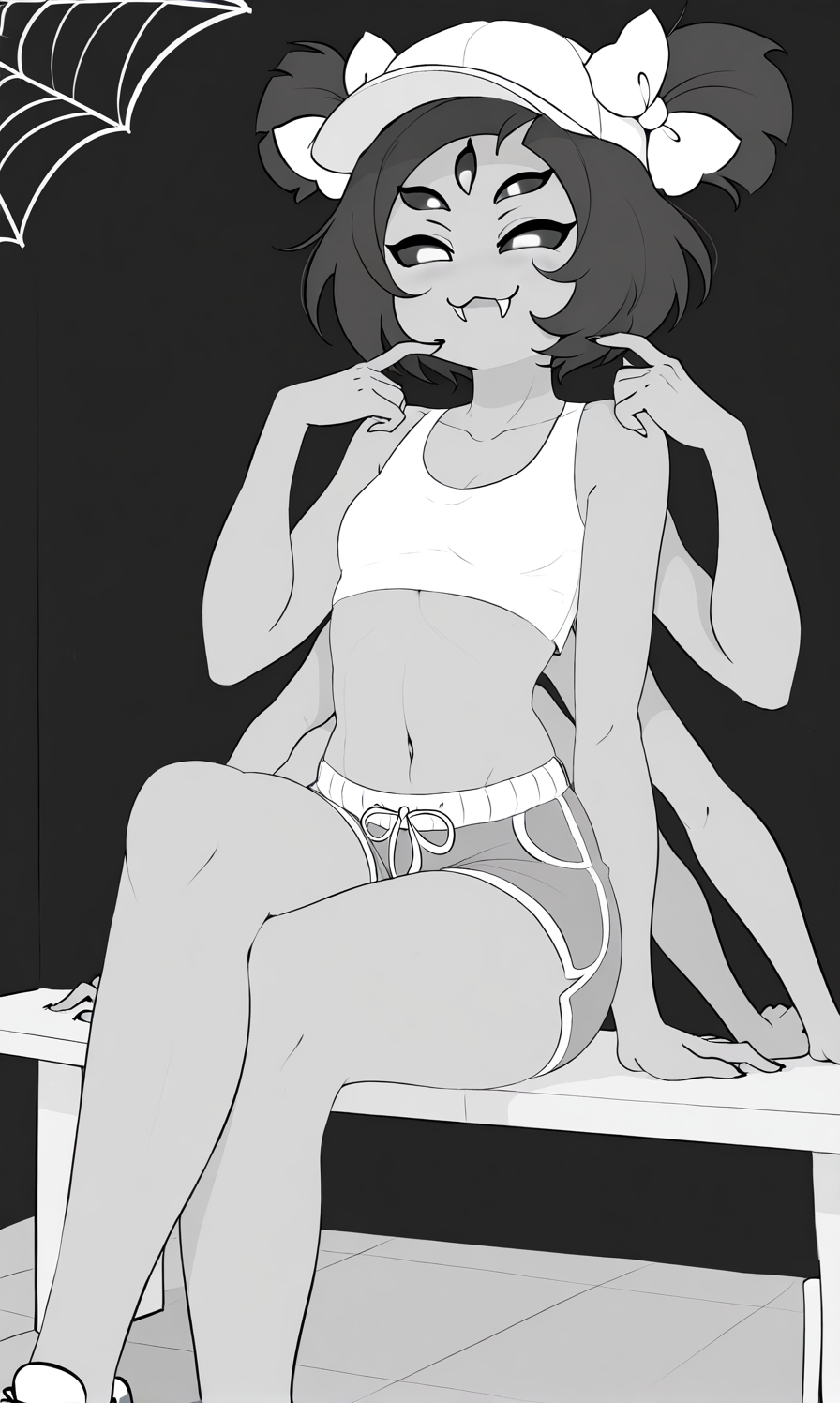 ai generated, aicrotor, crop top, cute, greyscale, haaru (style), hat, legs, muffet, shorts, skater, small breasts, smile, undertale, wholesome