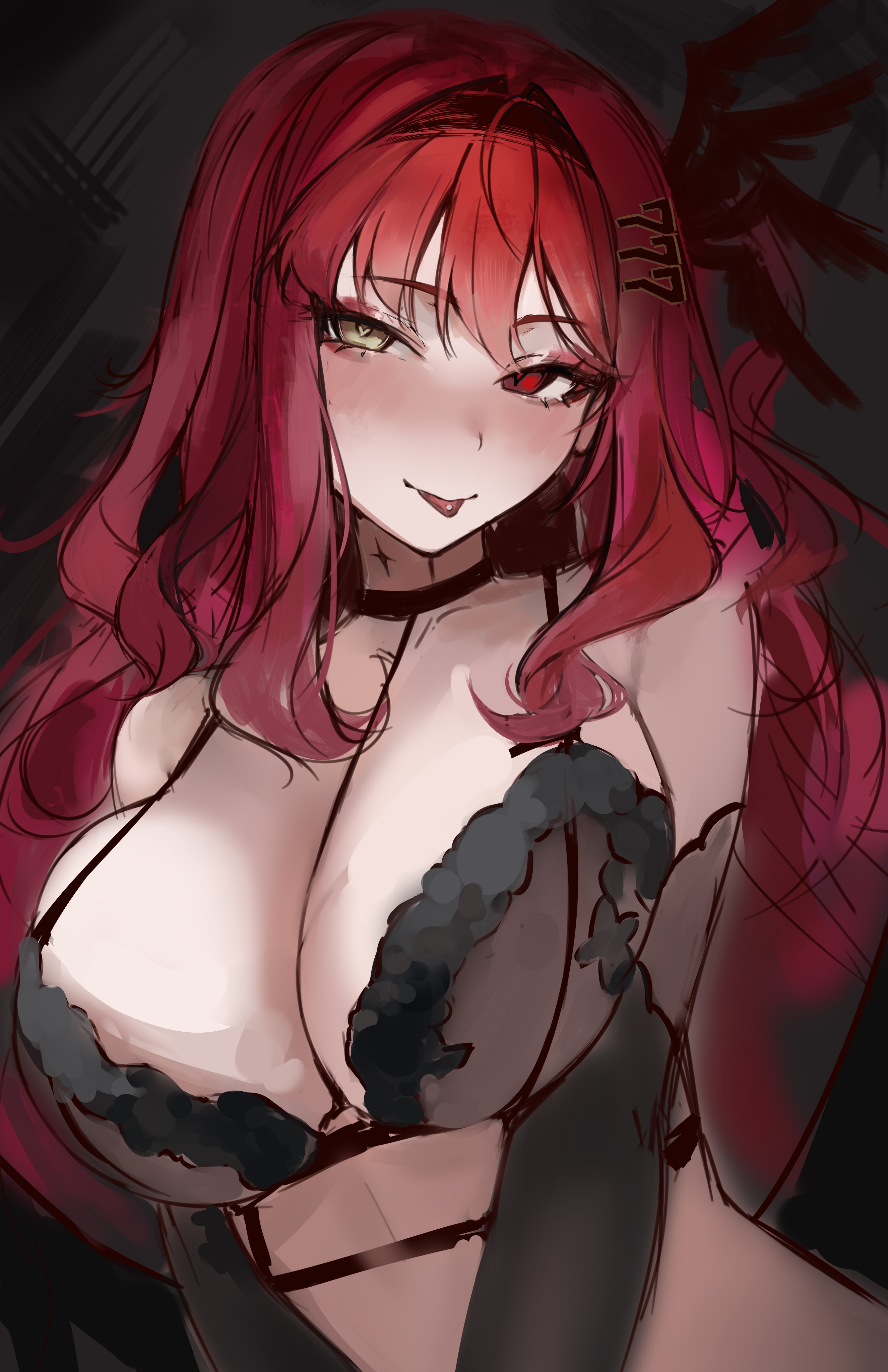 1girls, black bra, black gloves, blush, bra, breasts, daiya fortuna, female, female only, gloves, hair ornament, huge breasts, indie virtual youtuber, light skin, light-skinned female, lingerie, lingerie only, naokomama, nose blush, red eye, red hair, solo, tongue, virtual youtuber, yellow eye
