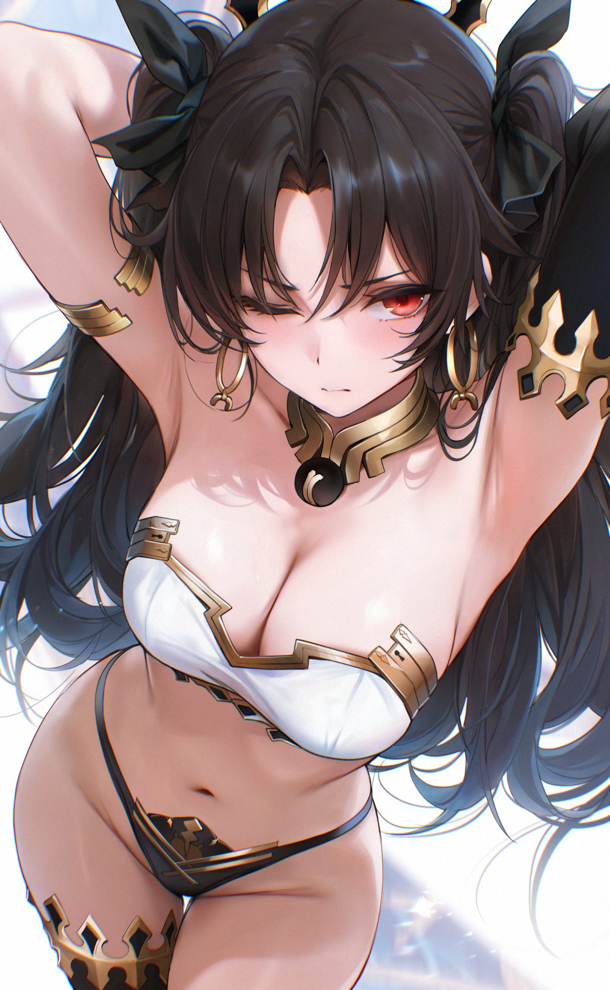 1girls, black hair, fate (series), fate/grand order, gold jewelry, hair ornament, hourglass figure, ishtar (fate), ishtar (fate/grand order), re0n, red eyes, single thighhigh, solo, solo female, solo focus, stretching, thick thighs, thigh highs, tohsaka rin, twintails, underwear