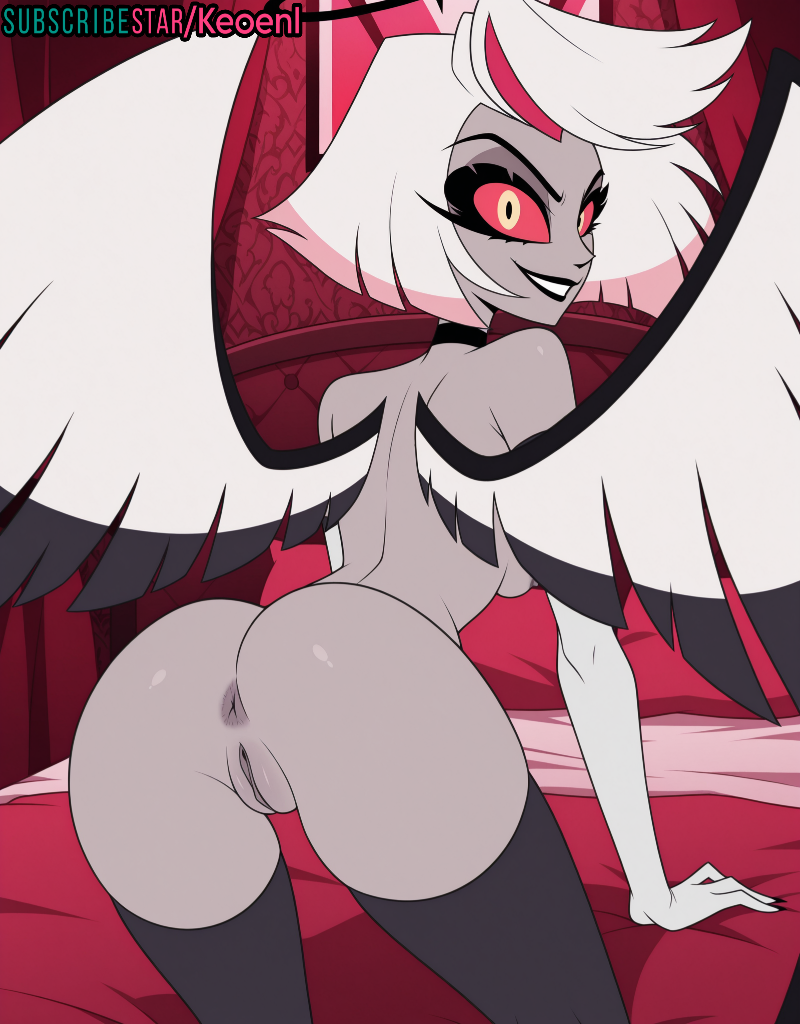 1girls, accurate art style, ai generated, angel, angel girl, anus, ass, ass focus, ass up, back view, bed, bedroom, breasts, colored sclera, colored skin, completely nude, curvy figure, dark nipples, exorcist (hazbin hotel), female, female only, grey body, hair, halo, hazbin hotel, hi res, humanoid, inviting, keoenl, long fingernails, looking at viewer, nipples, nude, on bed, pussy, pussy juice, red bow, subscribestar, sweat, thick thighs, thighhighs, thin waist, vaggie (hazbin hotel), vivziepop, white hair, wide hips, wings