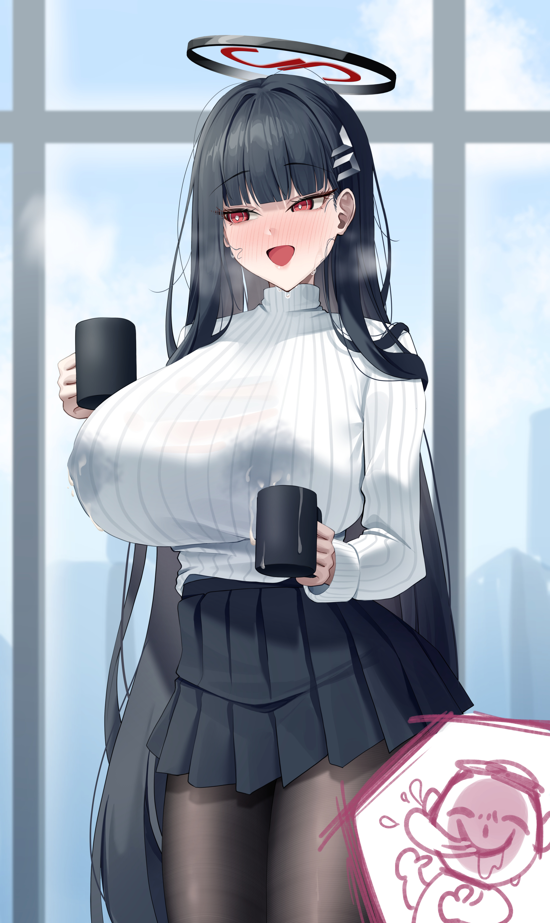 1boy, 1girls, arona's sensei doodle (blue archive), black hair, blue archive, cups, doodle sensei (blue archive), eyebrows visible through hair, female, gigantic breasts, hairclips, halo, huge breasts, indoors, lactation, lancheu, light skin, light-skinned female, male silhouette, millennium science school student, open mouth, red eyes, rio (blue archive), seminar (blue archive), sensei (blue archive), silhouette, skirt, sweater