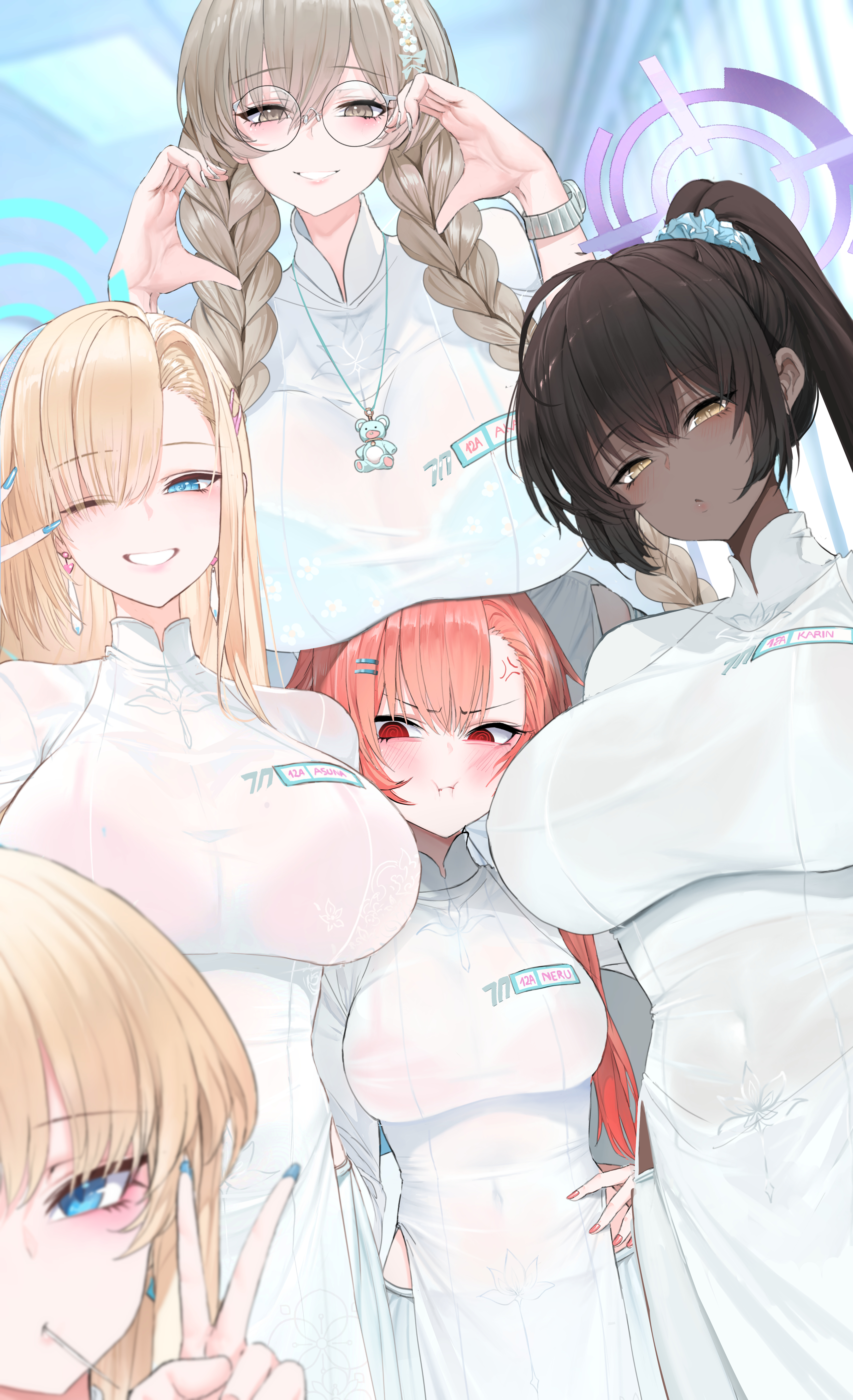 5girls, akane (blue archive), anger, anger vein, angry, angry face, asuna (blue archive), average breasts, big breasts, blonde hair, blue archive, blush, bra, braid, braids, breast envy, breast size difference, cleaning & clearing (blue archive), dishwasher1910, frustrated, glasses, huge breasts, karin (blue archive), multiple girls, neru (blue archive), one eye closed, peace sign, red eyes, red hair, see-through, see-through clothing, selfie, size difference, toki (blue archive)