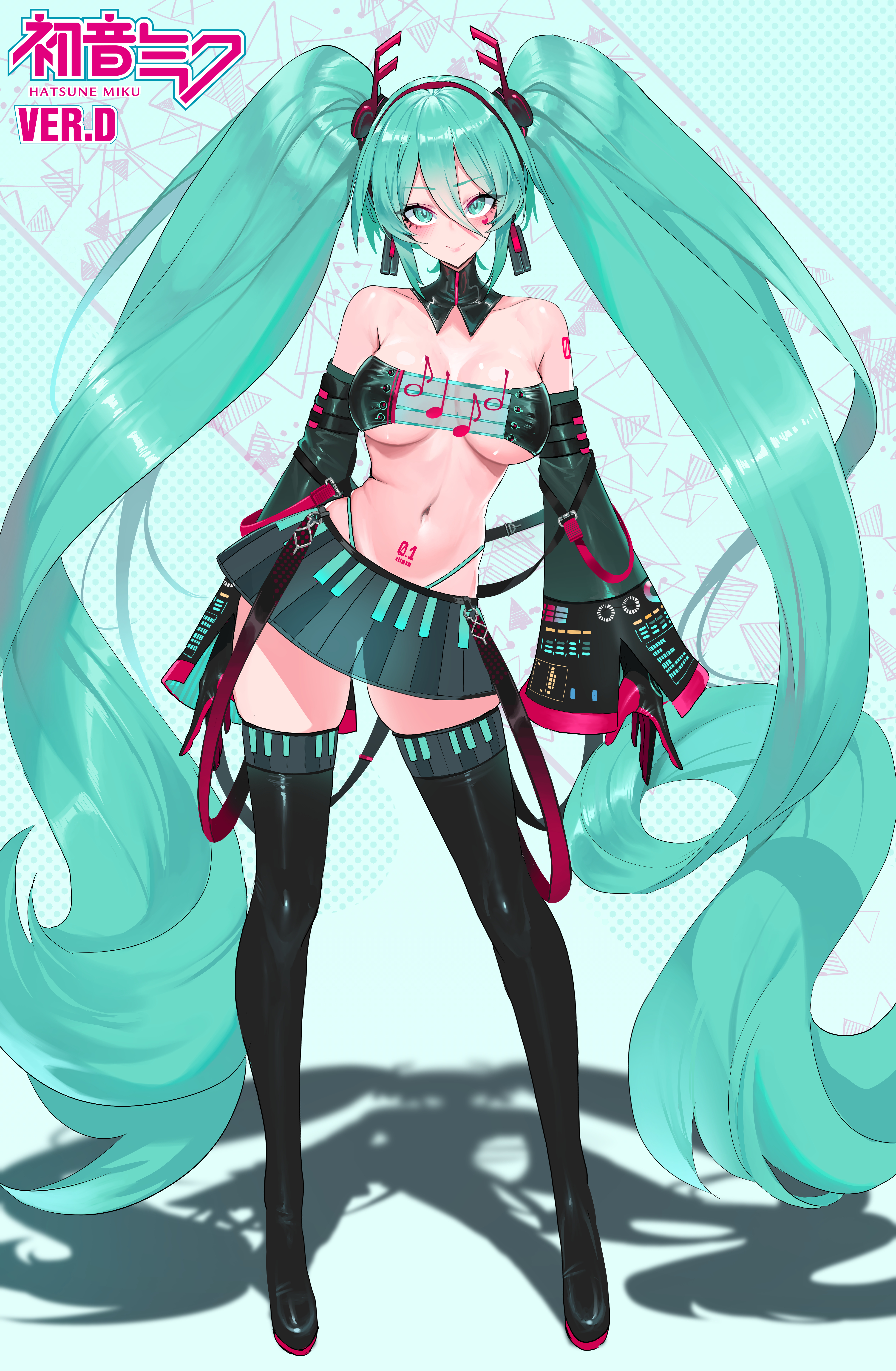 big breasts, blush, dishwasher1910, female, hatsune miku, long hair, long twintails, miku hatsune, skirt, solo, solo female, tattoo, thighhighs, twintails, vocaloid