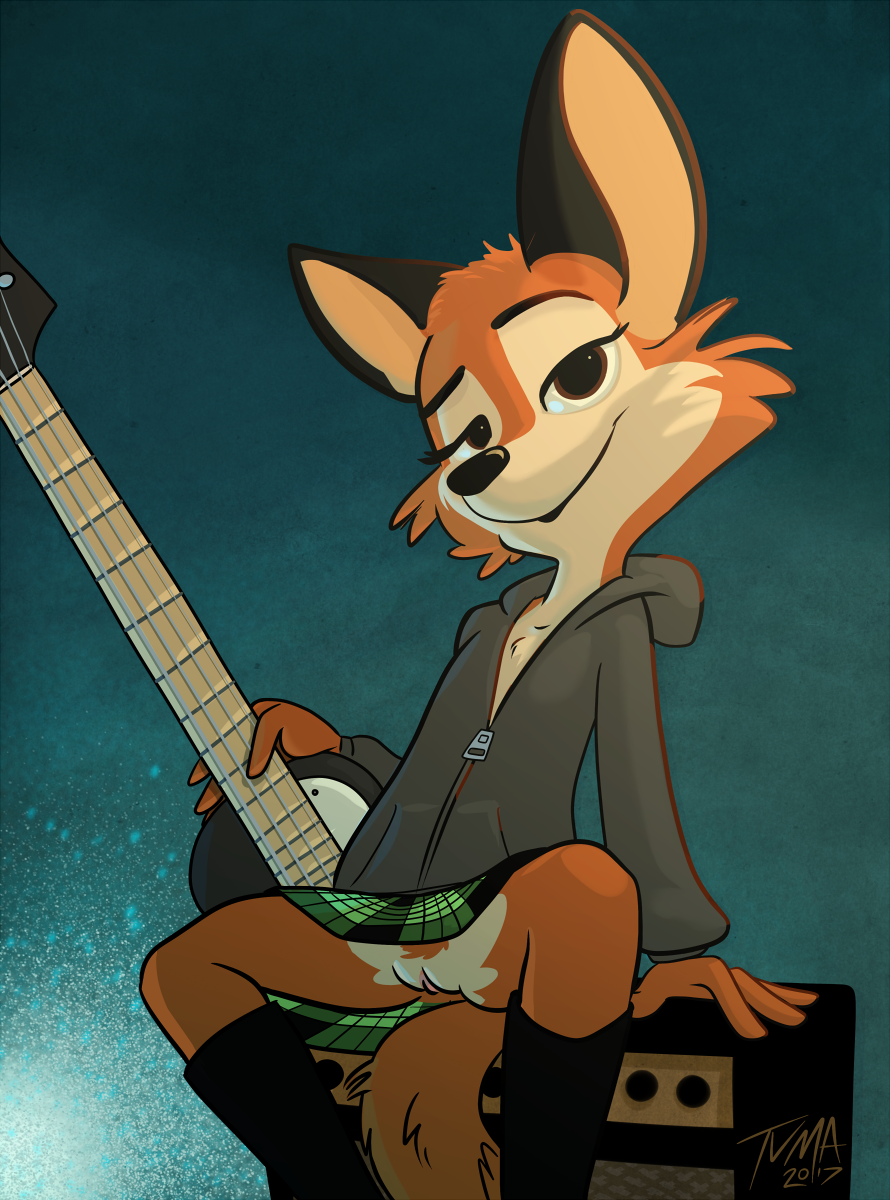 2017 amplifier anthro bass boots bottomless brown_eyes canine casual clothed clothing darma electric_guitar female flat_chest footwear fox fur furry furry_only going_commando guitar hoodie humanoid looking_at_viewer mammal musical_instrument no_panties pussy rock_dog simple_background sitting skirt smile solo standing tail tvma