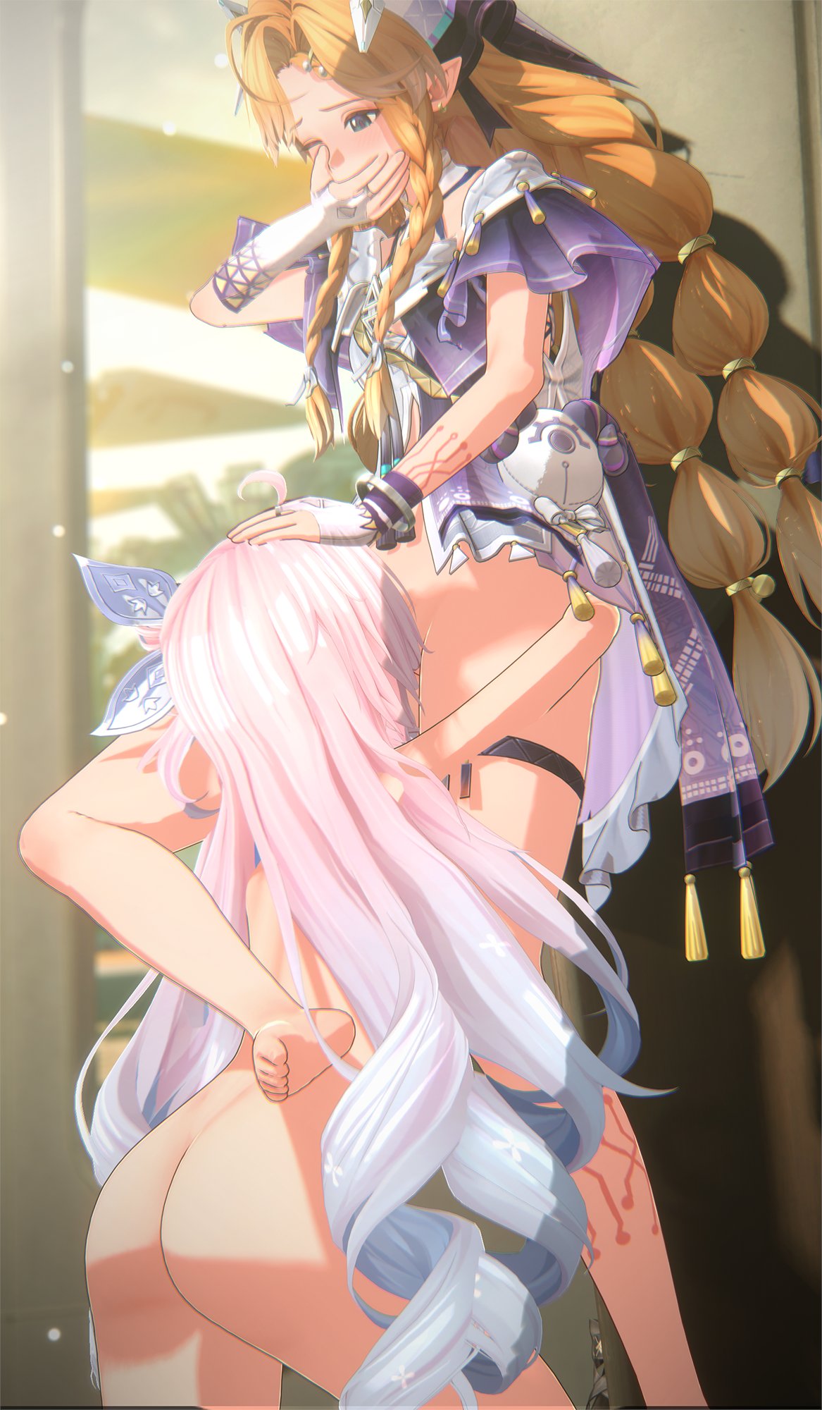 2girls, 3d, 3d model, ass, ass focus, blue eyes, blush, braids, cunnilingus, denia (wuthering waves), female, horizontalslope, long hair, naked, naked female, orange hair, pink hair, sigrika (wuthering waves), sucking pussy, wuthering waves, yuri