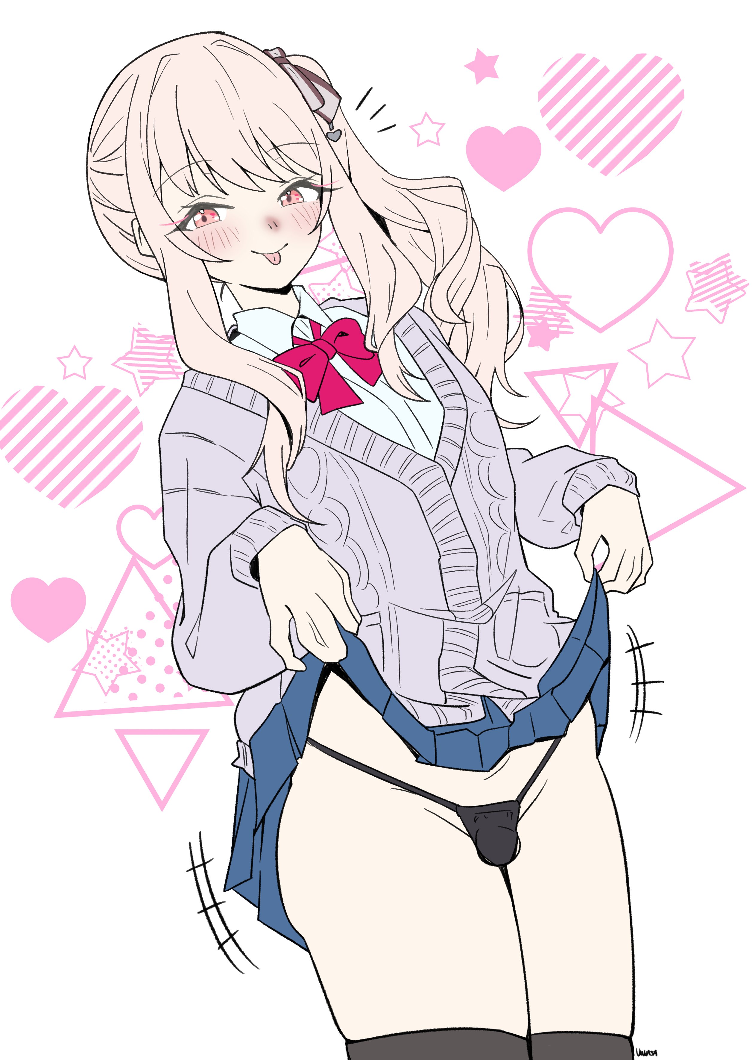 :p, akiyama mizuki, blonde hair, blush, bow, cardigan, gyaru, pink eyes, pink hair, project sekai, red bow, rkgk, skirt lift, small penis, thighs, thong, trans woman, transfem, uwuasa