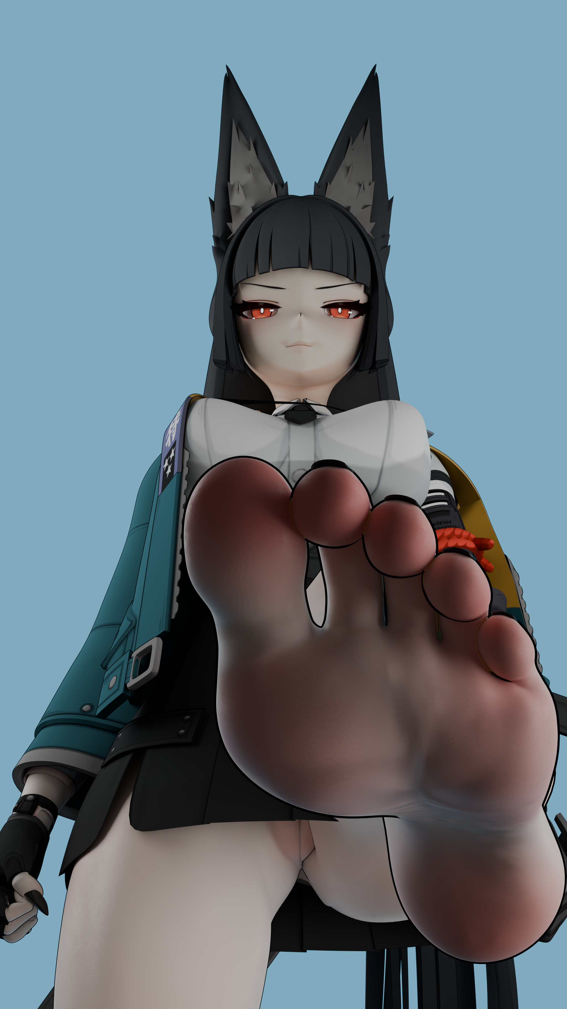 1girls, 3d, 3d (artwork), 3d model, animal ears, black hair, breasts, dominant female, feet, feet focus, female, female only, foot fetish, foot focus, fox ears, fox girl, girl focus, hoshimi miyabi, no panties, no panties under skirt, no underwear, pussy, pussy peek, red eyes, red eyes female, smile, smug, smug face, soles, toenail polish, toes, uncensored, zenless zone zero
