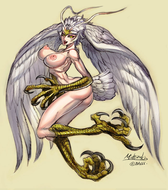 1girls 2018 antennae ass breasts claws curvaceous devilman drawn feathered_wings feathers female harpy head_wings humanoid large_breasts large_wings michizuki monster_girl nipples nude open_mouth pale-skinned_female pale_skin sharp_teeth simple_background sirene solo stomach talons teeth villainess white_hair wings yellow_eyes