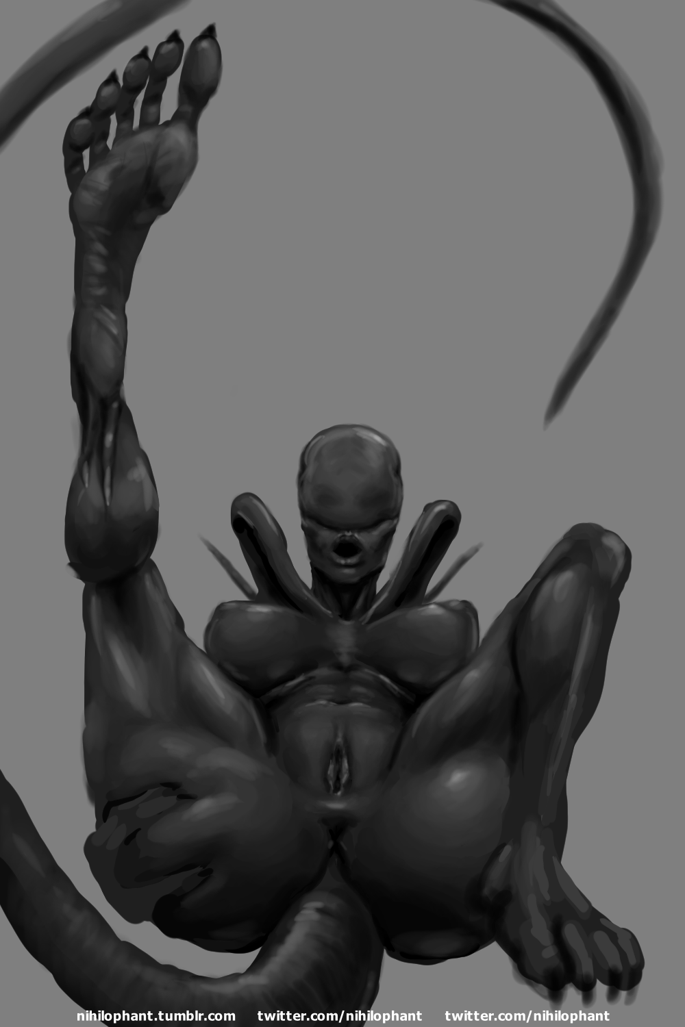 2018 alien alien_(franchise) anus ass breasts female female_xenomorph feral_only hand_on_butt nihilophant nipples one_leg_up open_mouth presenting pussy simple_background solo spreading xenomorph