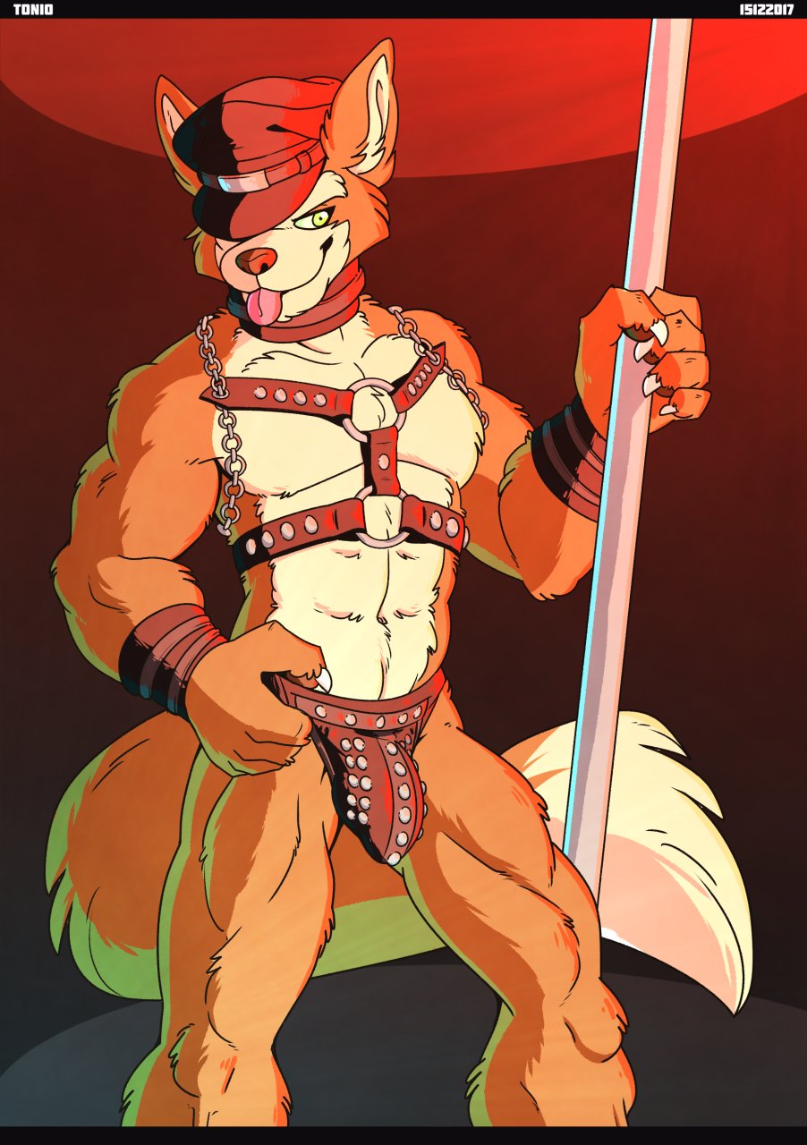 anthro bulge canine fox fur harness male male_only mammal muscular muscular_male nintendo orange_fur penis_outline pole star_fox stripper tongue tongue_out tonio_(artist) video_games