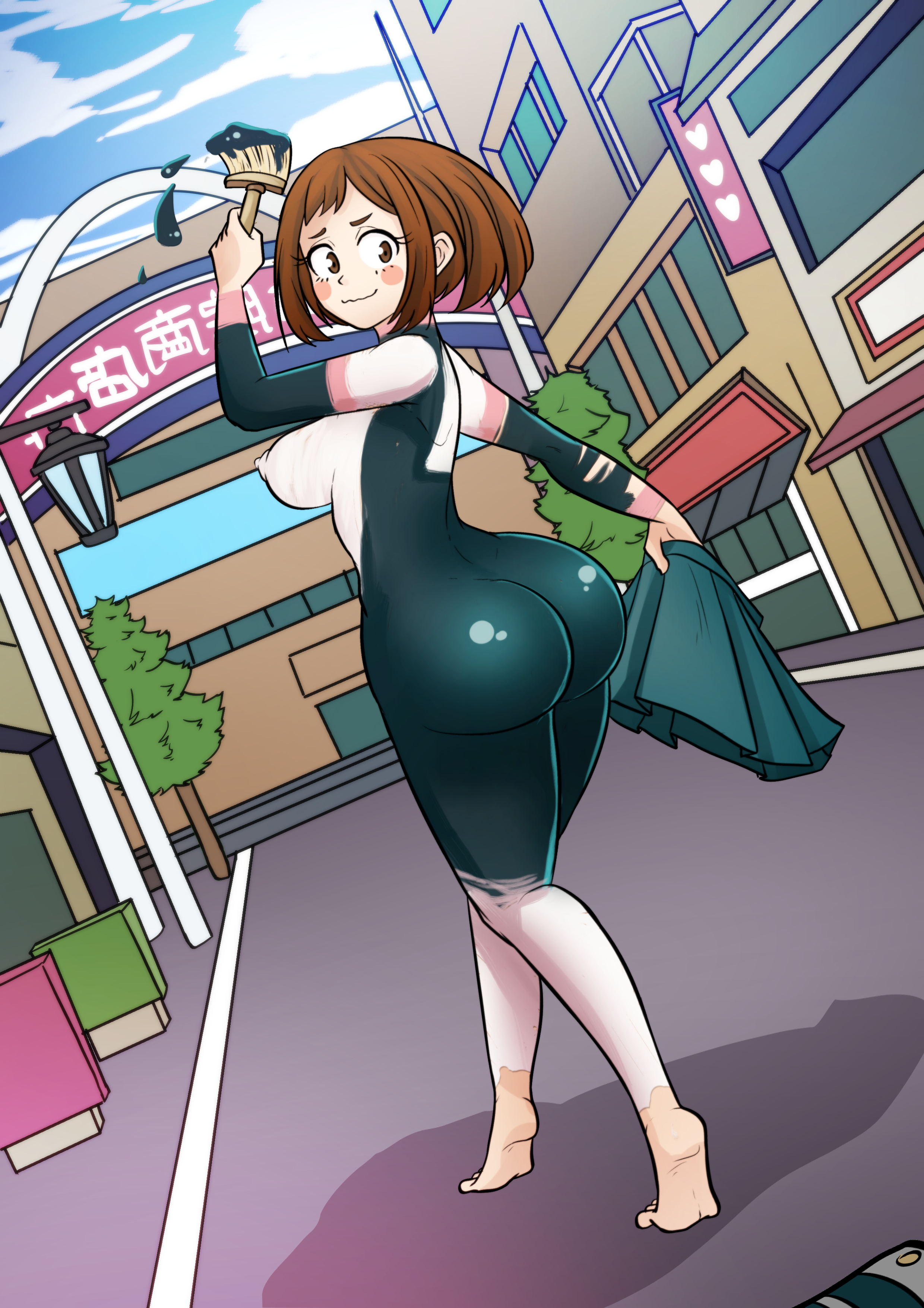 ass, barefoot, big ass, blush, bodypaint, brown hair, exhibitionism, female, female only, hero outfit (mha), kahix, my hero academia, nude, ochako uraraka, painted clothes, public, public nudity, solo