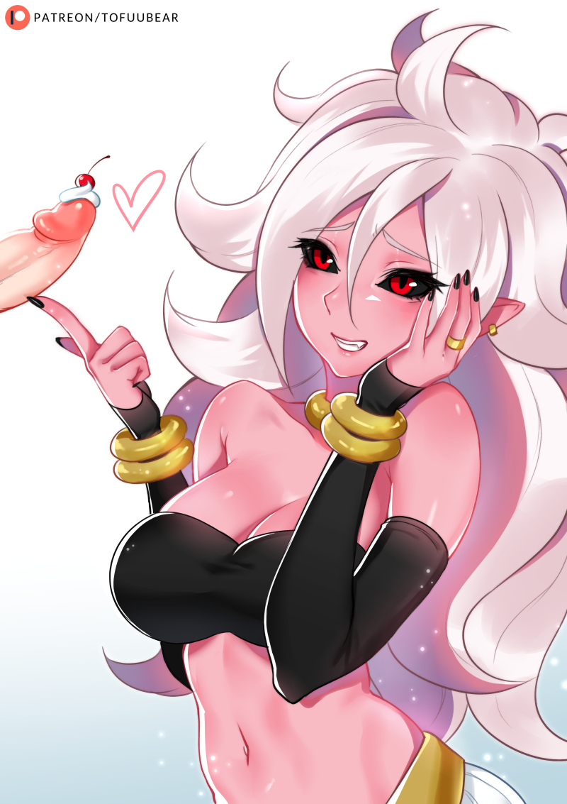1girls, 2010s, android 21, black sclera, breasts, cleavage, dark persona, dragon ball, dragon ball fighterz, erection, female, humanoid, long hair, majin, majin android 21, male, patreon, penis, pink skin, pointy ears, red eyes, tofuubear, white hair