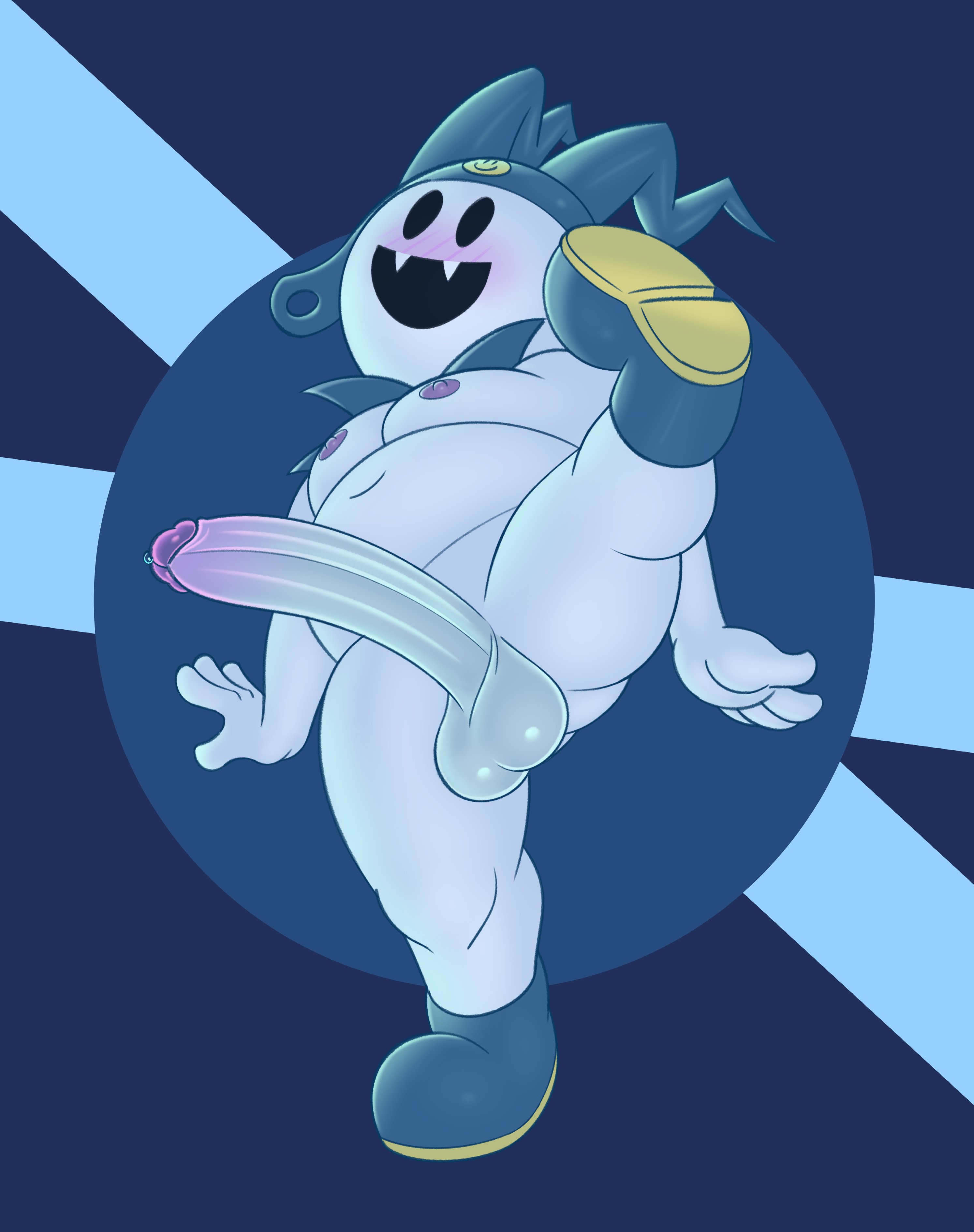 1boy, absurd res, atlus, balls, blue clothing, blue footwear, blue hat, blue headwear, blue shoes, blush, bodily fluids, clothing, demon, demon humanoid, fangs, footwear, gay, gemsum, genital fluids, genitals, glans, hat, headgear, headwear, highres, humanoid, humanoid genitalia, humanoid penis, imp, jack frost (megami tensei), long penis, male, male only, megami tensei, mostly nude, nipples, non-human, open mouth, open smile, penis, precum, purple blush, purple glans, purple nipples, shoes, simple background, smile, solo, teeth, white body, yaoi