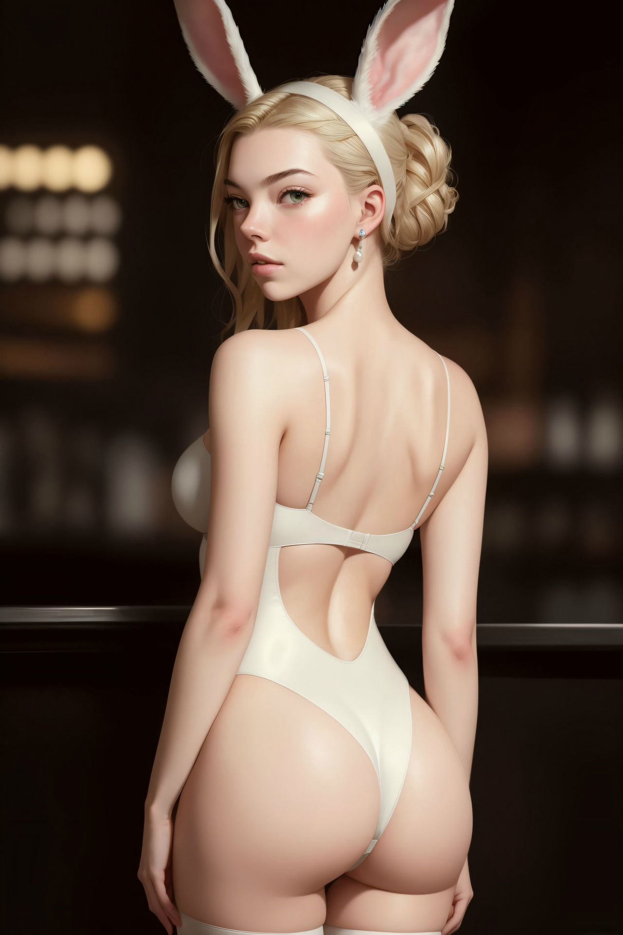1girls, ai generated, ass, back view, blonde female, blonde hair, bunny ears, bunny girl, bunnysuit, celebrity, curvy, female, female only, green eyes, human, human only, infiniteaifantasy, light skin, light-skinned female, realistic, solo