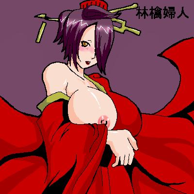 1girls artist_request blush cowboy_shot hair_over_one_eye kimono large_breasts looking_at_viewer murasaki murasaki_(pop'n_music) one_breast_out pop'n_music purple_background purple_eyes purple_hair red_kimono short_hair simple_background solo standing tagme translation_request