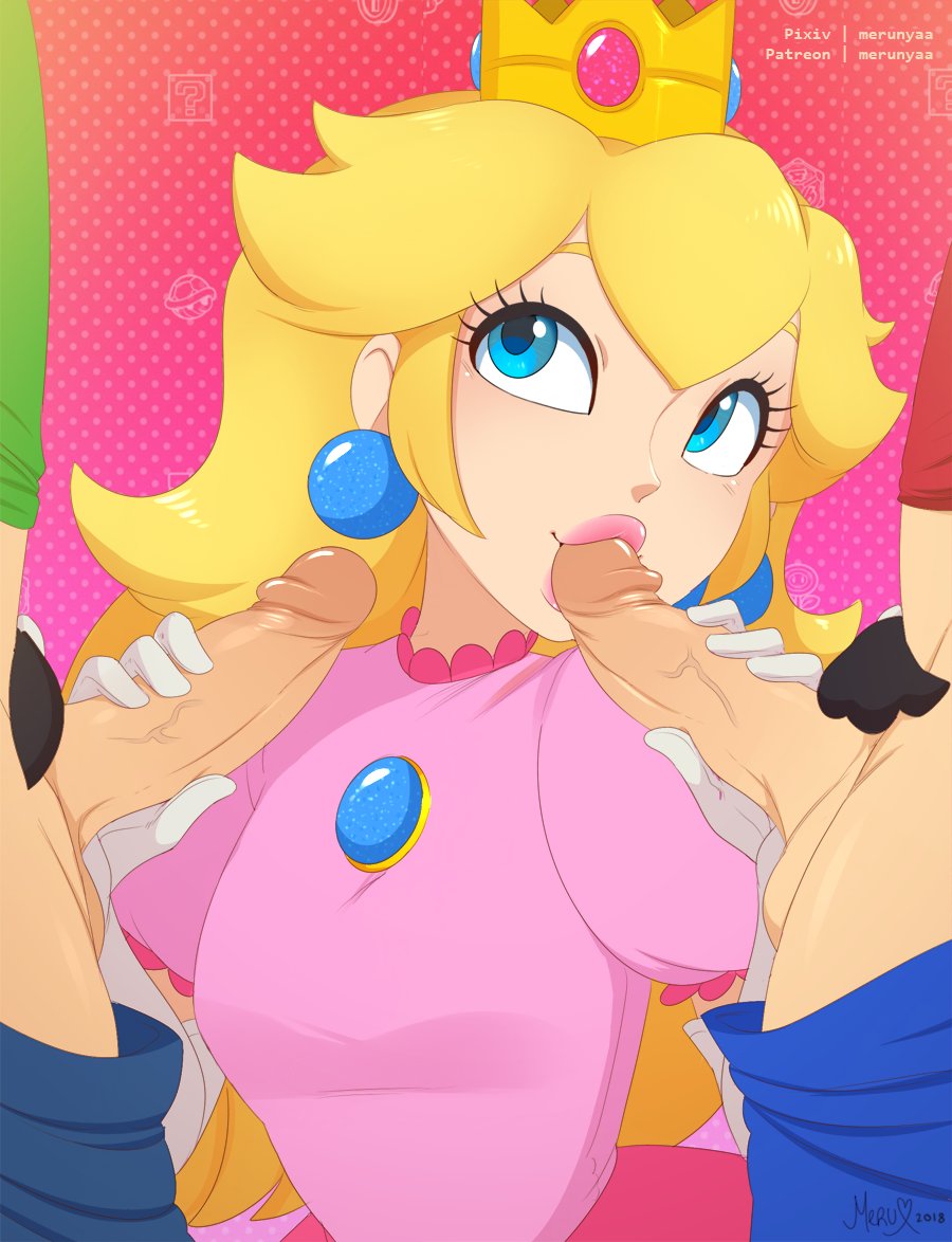 1girls, 2boys, balls, blonde hair, blue eyes, brother, brothers, clothed, clothing, crown, dress, earrings, elbow gloves, erection, fellatio, female, female focus, gloved handjob, gloves, handjob, lipstick, long hair, luigi, makeup, male, mario, mario (series), merunyaa, multiple boys, multiple males, nintendo, oral, penis, pink dress, pink lipstick, princess peach, pubic hair, testicles, threesome, uncensored, unseen male face, vein, veiny penis