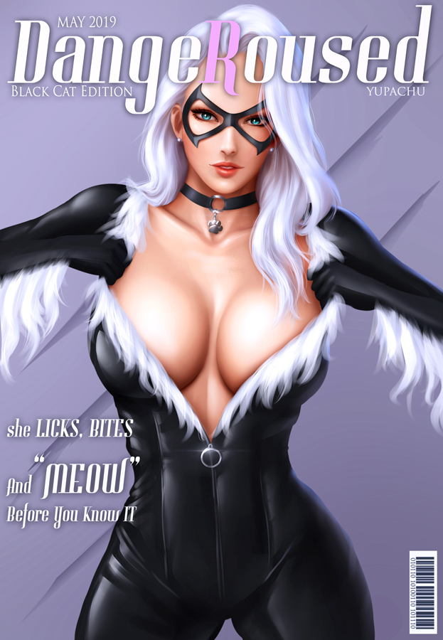 1girls, big breasts, black cat (marvel), breasts, cleavage, felicia hardy, female, female only, large breasts, looking at viewer, magazine cover, marvel, marvel comics, solo, spider-man (series), yupachu, zipper pull tab