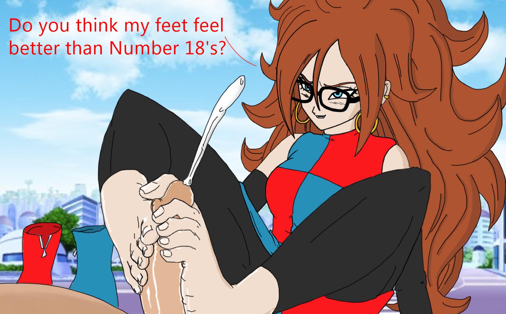 1boy, 1girls, 2boys, android 21, android 21 (human), black legwear, blue eyes, brown hair, cheating husband, cum, cumshot, dragon ball, dragon ball fighterz, dragon ball z, earrings, ejaculation, feet, feet fetish, female, foot fetish, footjob, glasses, imasourlemon, krillin, kuririn, male, no socks, penis, seductive, seductive female, seductive look, shoes removed, sweaty feet, sweaty female feet, text, toejob, toenail polish, toes