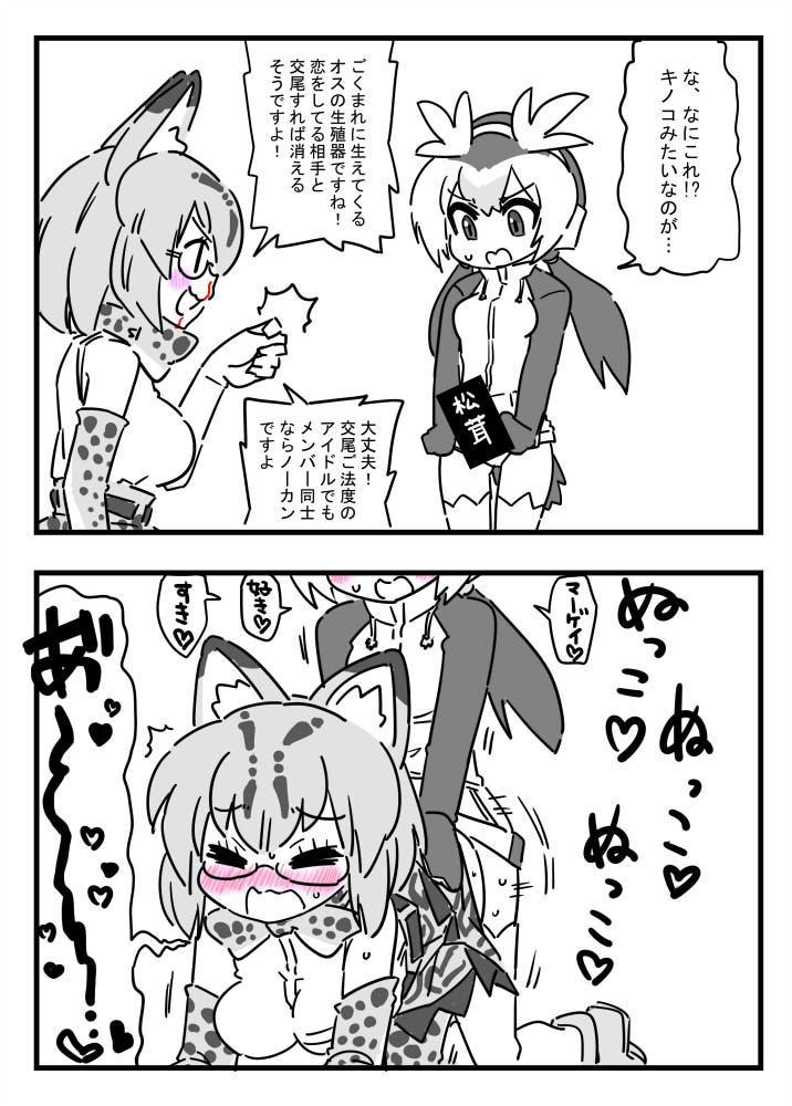 2girls animal_ears blood bow bowtie cat_ears censored comic elbow_gloves futa_with_female futanari glasses gloves implied_futanari intersex kemono_friends margay_(kemono_friends) multiple_girls nosebleed open_mouth rockhopper_penguin_(kemono_friends) seki_(red_shine) short_hair spot_color tail translation_request