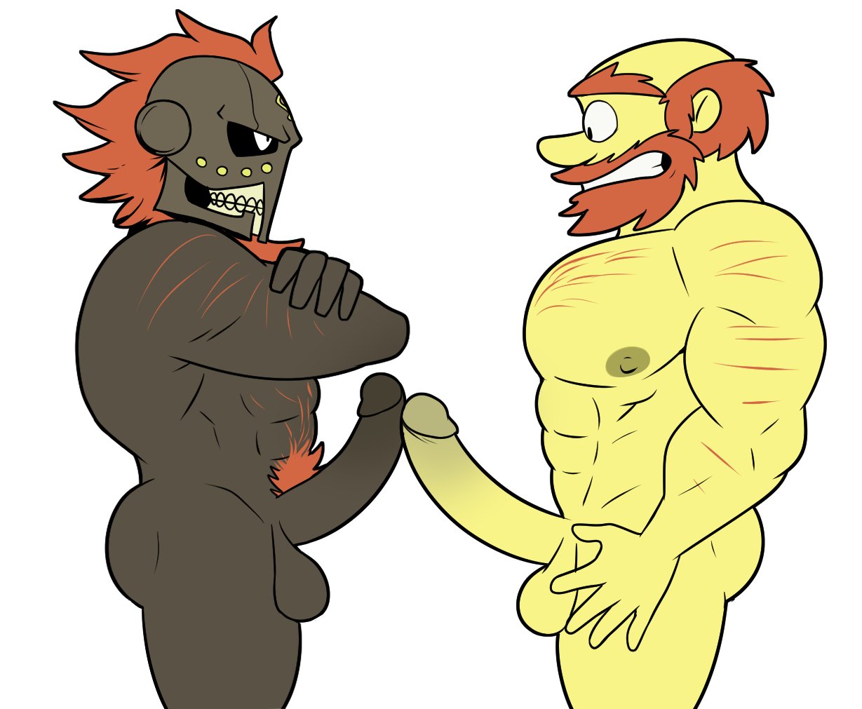 2boys atlus balls boner crossed_arms dagda_(megami_tensei) dark-skinned_male elfein erect_nipples erection facial_hair frot gay groundskeeper_willie helmet human male_only megami_tensei nude penis penises_touching pubes red_hair tagme the_simpsons yellow_skin