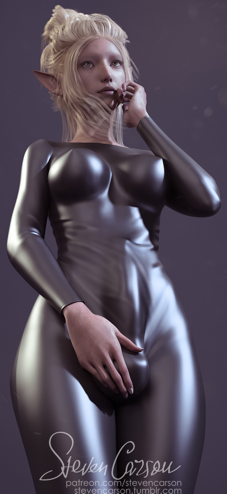 1futa, 3d, balls, balls bulge, balls under clothes, blonde hair, bodysuit, breasts, bulge, cameltail, curvy, elf, erect nipples, erection, erection under clothes, futa only, futanari, intersex, large penis, latex, latex suit, medium breasts, nipple bulge, nipples, penis, penis bulge, penis under clothes, pointy ears, realistic, solo, solo futa, stevencarson, wide hips