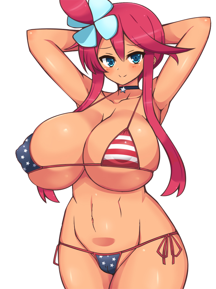 1girls american_flag american_flag_bikini arms_behind_head bikini breasts cameltoe chro cleavage female female_only flag_bikini gym_leader huge_breasts looking_at_viewer pokemon pokemon_bw skindentation skyla_(pokemon) solo