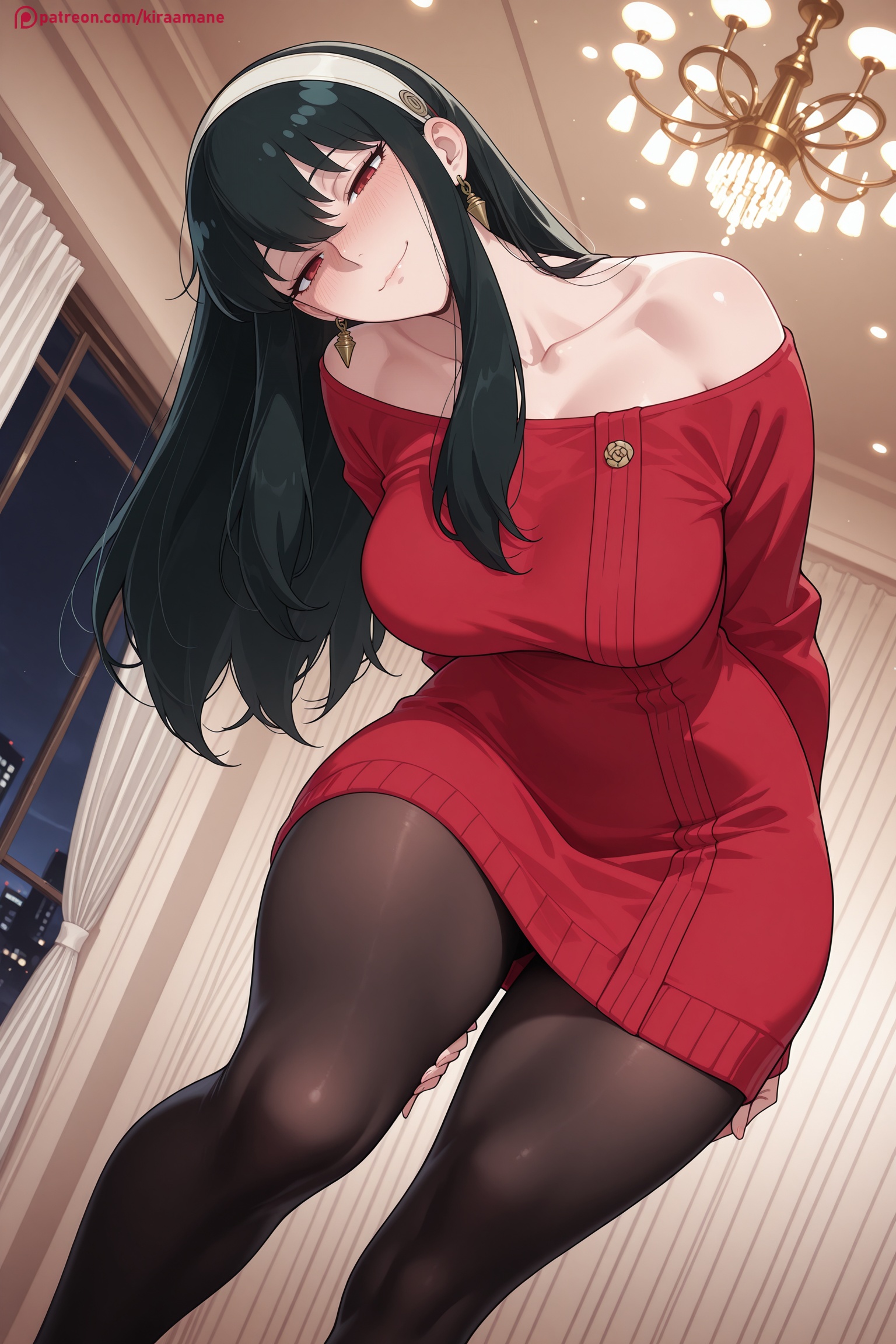 1girl, ai generated, bangs, bare shoulders, black hair, black legwear, blush, breasts, closed mouth, collarbone, dress, earrings, hair between eyes, hairband, half-closed eyes, hi res, high quality, high resolution, hoop earrings, indoors, jewelry, kiraamane, large breasts, leaning forward, long hair, looking at viewer, off shoulder, off-shoulder sweater, pantyhose, patreon, red dress, red eyes, seductive, sexy, smile, solo, spy x family, sweater, sweater dress, uncensored, watermark, yor briar