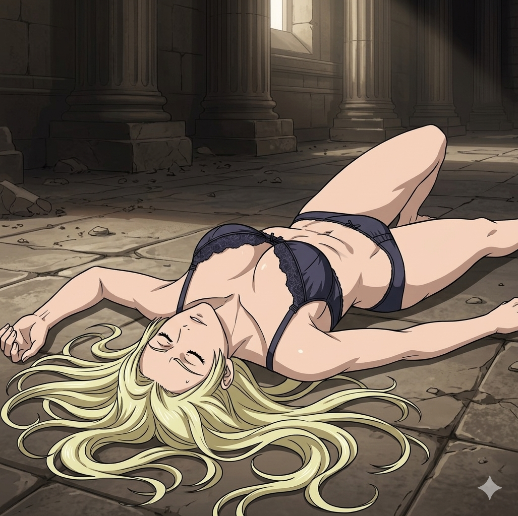 1girls, about to be raped, ai generated, back muscles, back view, barefoot, belly, big boobs, big breasts, blonde female, blonde hair, bra, closed eyes, closed mouth, damsel in distress, defeated, defeated heroine, eyes closed, feet, female, female focus, female only, femsub, foot fetish, gemini, half naked, half-dressed, jjk, jujutsu kaisen, knocked out, lingerie, lingerie only, long hair, mommy, muscle mommy, muscles, muscular, muscular arms, muscular female, panties, passed out, sexy, sexy female, sexy pose, sleeping, soles, strong female, sweat, sweatdrop, sweating, sweaty, thick thighs, unconscious, unconscious female, underwear, yuki tsukumo
