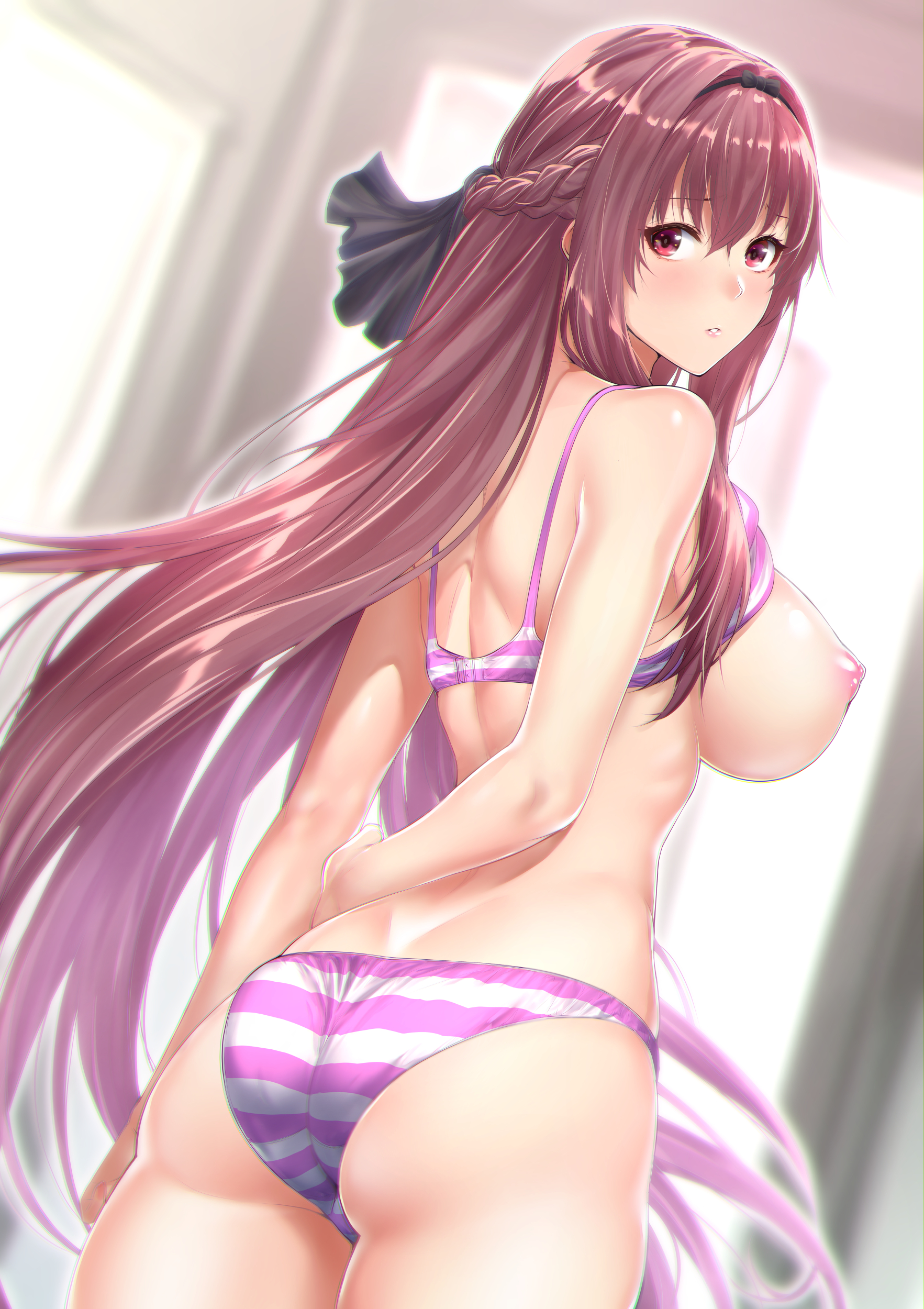 1girls, absurdres, arm at side, ass, blurry, bra, bra lift, braid, breasts, cowboy shot, depth of field, dutch angle, enty reward, female, female only, from behind, hair intakes, hair ribbon, highres, large breasts, long hair, looking at viewer, looking back, nipples, original, paid reward, panties, parted lips, pink eyes, purple hair, ribbon, solo, solo female, striped, striped bra, striped panties, underwear, very long hair, zucchini