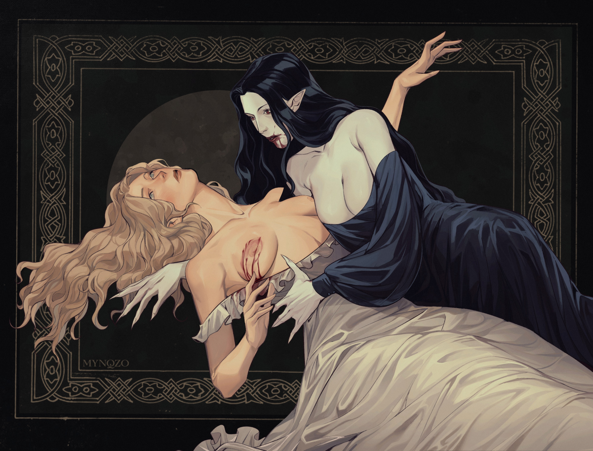 bite mark, blood, blood drip, blood in mouth, breasts, breasts out, canon lesbian, carmilla (novel), carmilla karnstein, horror, interspecies, laura (carmilla), laura hollis, lesbian, lesbian couple, lesbian focus, monster girl, mynqzo, pale skin, pale-skinned female, pointy ears, sapphic, undead, undead female, vampire, vampire girl, vampire teeth, yuri