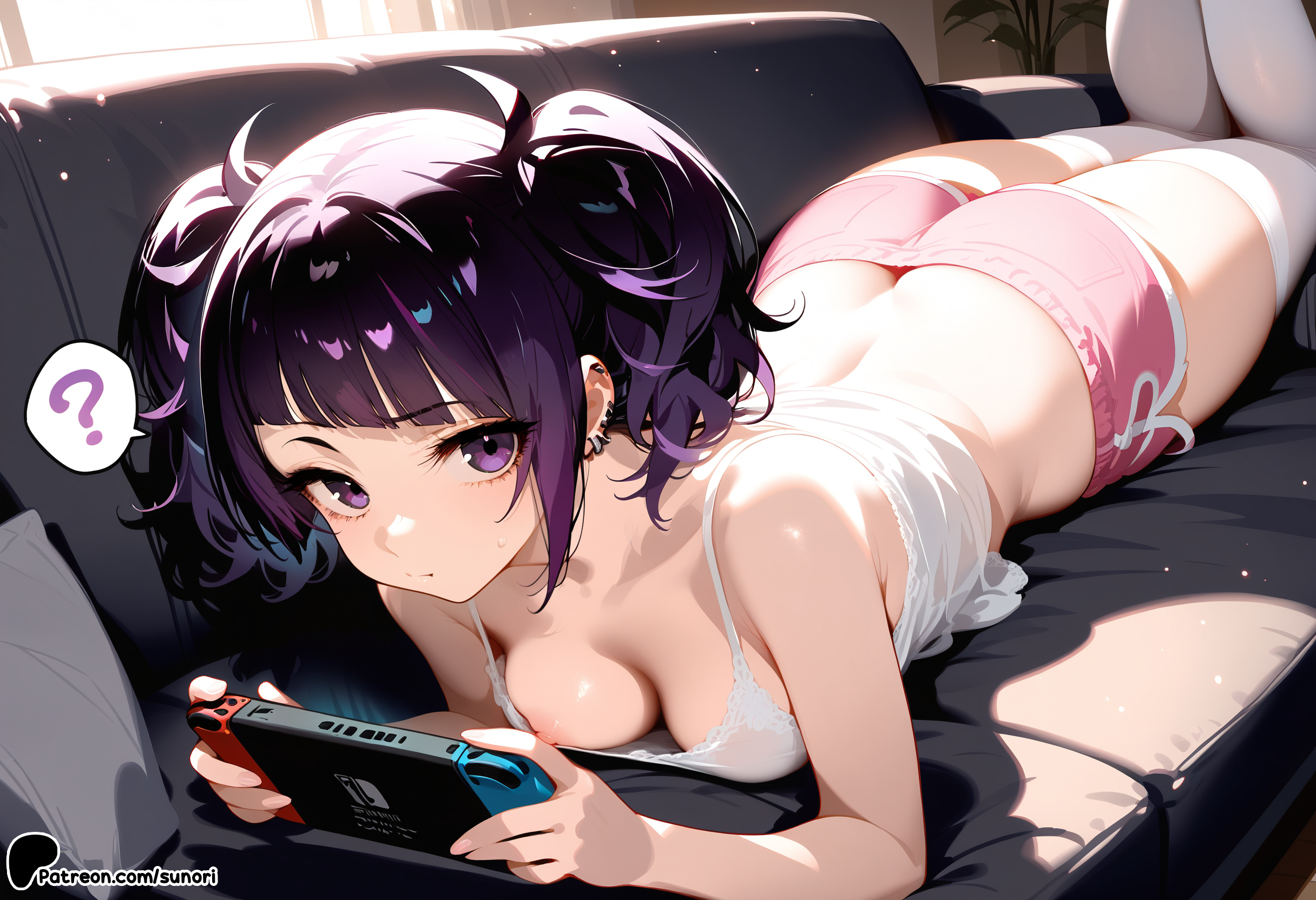 ?, 1girl, ai generated, ass, bangs, bare shoulders, breasts, cleavage, couch, downblouse, earrings, handheld game console, idolmaster, idolmaster shiny colors, jewelry, lying, nintendo switch, on stomach, phone, pink shorts, playing games, purple eyes, purple hair, shorts, spoken question mark, sunori, tanaka mamimi, thighhighs, twintails