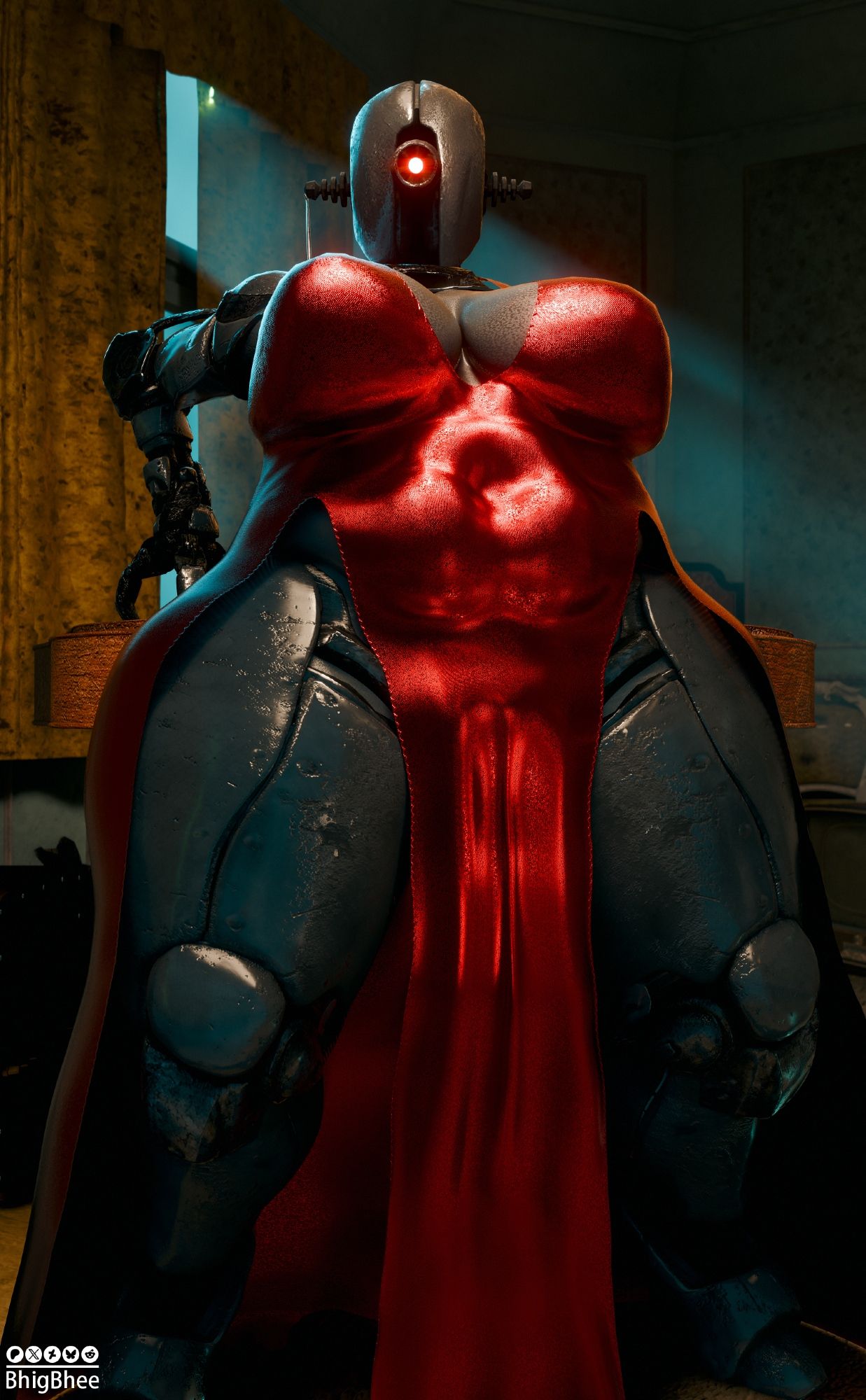 3d, 3d (artwork), 3d artwork, 3d model, alternate version available, ass, assaultron, bbw, belly, belly button, belly overhang, bhigbhee, big ass, big belly, big belly button, big belly girl, big breasts, big butt, big navel, breasts, breasts covered, butt, chubby, chubby female, deep belly button, deep navel, digital media (artwork), dress, fallout, fat, fat ass, fat butt, fat female, female, huge ass, huge belly, huge belly button, huge breasts, huge butt, huge navel, large ass, large belly, large breasts, large butt, looking at viewer, overweight, overweight female, red dress, red eye, robot, robot girl, robot humanoid, sagging belly, sagging breasts, thick thighs