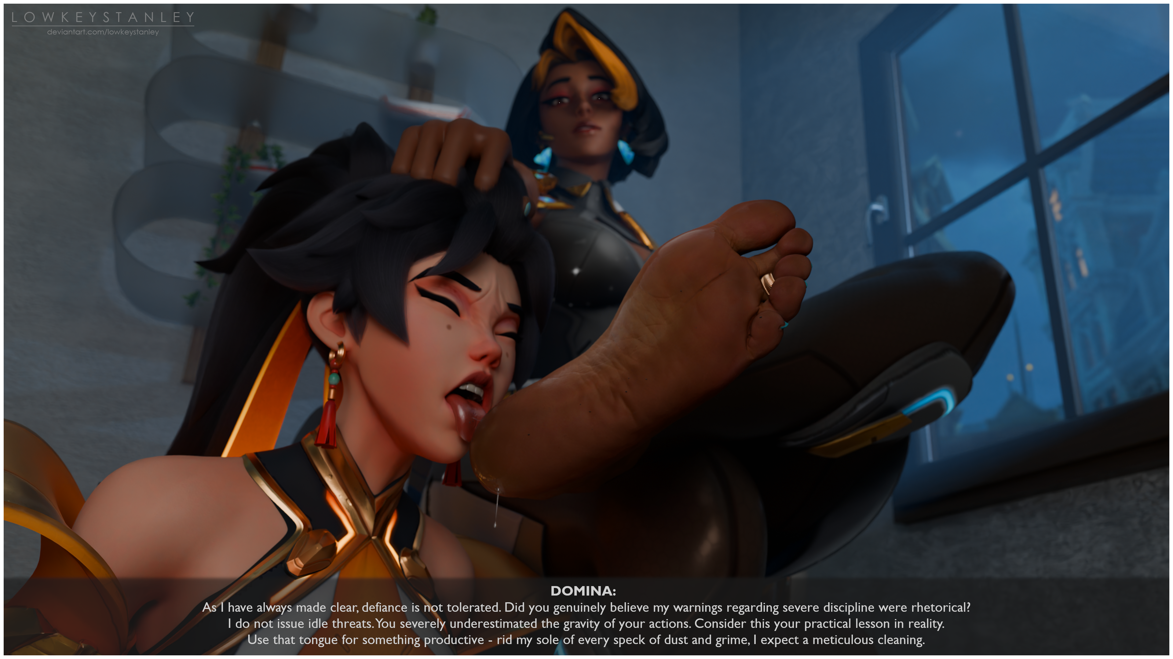 2girls, 3d, anran, barefoot, dark skin, dark-skinned female, domina, dominant female, dominant female submissive female, feet, feet licking, foot lick, foot worship, interracial, interracial yuri, overwatch, overwatch 2, soles, yuri