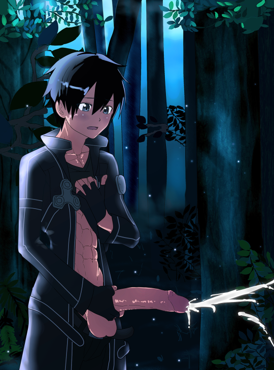 1boy abs big_balls big_penis cum cumshot erection hyper_penis kirigaya_kazuto kirito male male_only mlm4anemone muscle nipples outfit pecs penis sword_art_online tagme testicles yaoi