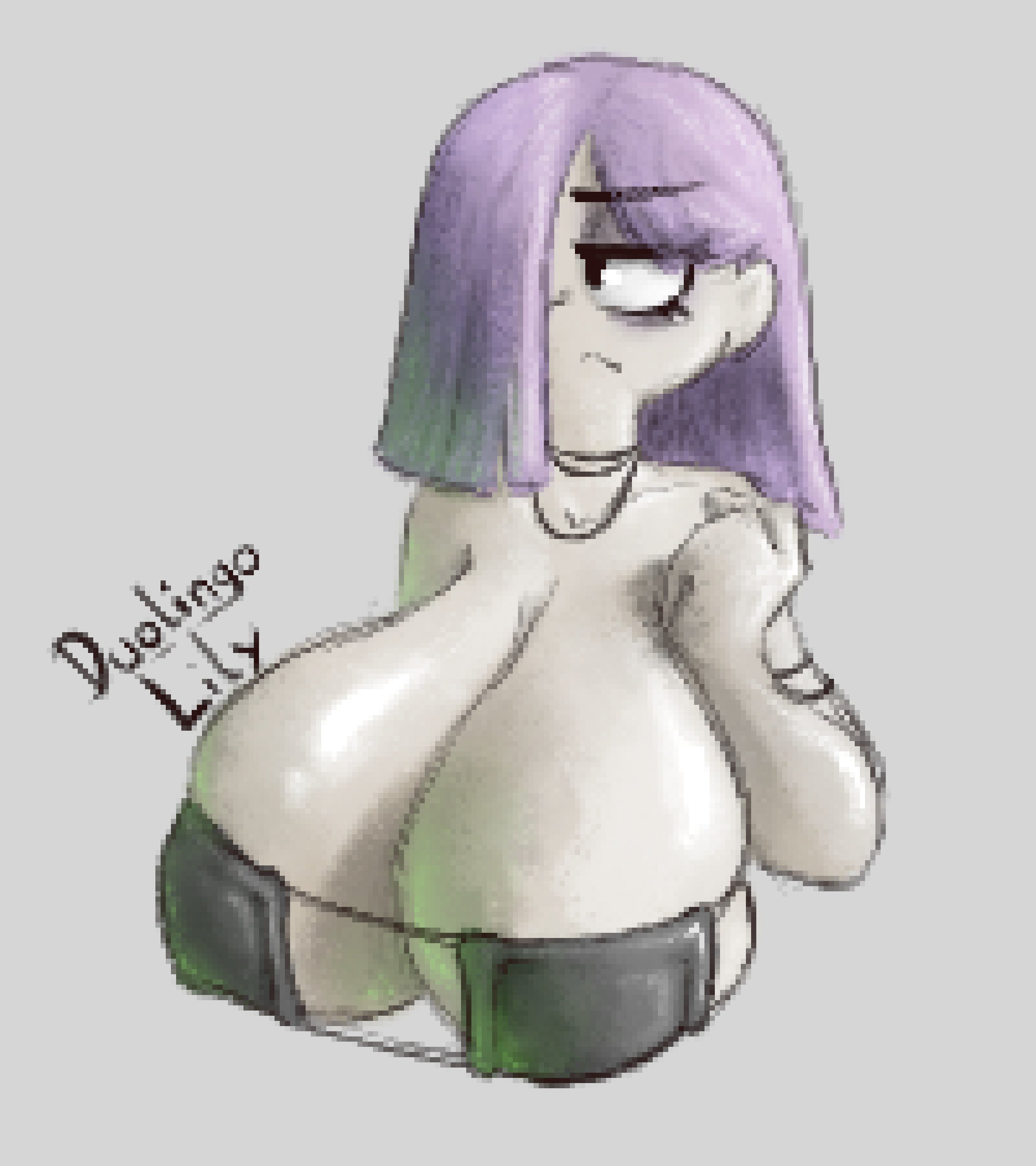 cleavage, duolingo, garbatch, gigantic breasts, hair over one eye, huge breasts, lily (duolingo), purple hair, tagme, yourstrulygarbage