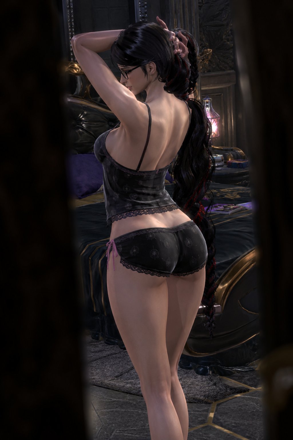 3d, arms up, back view, bayonetta, bayonetta (character), bedroom, big ass, black hair, panties, spying, tagme