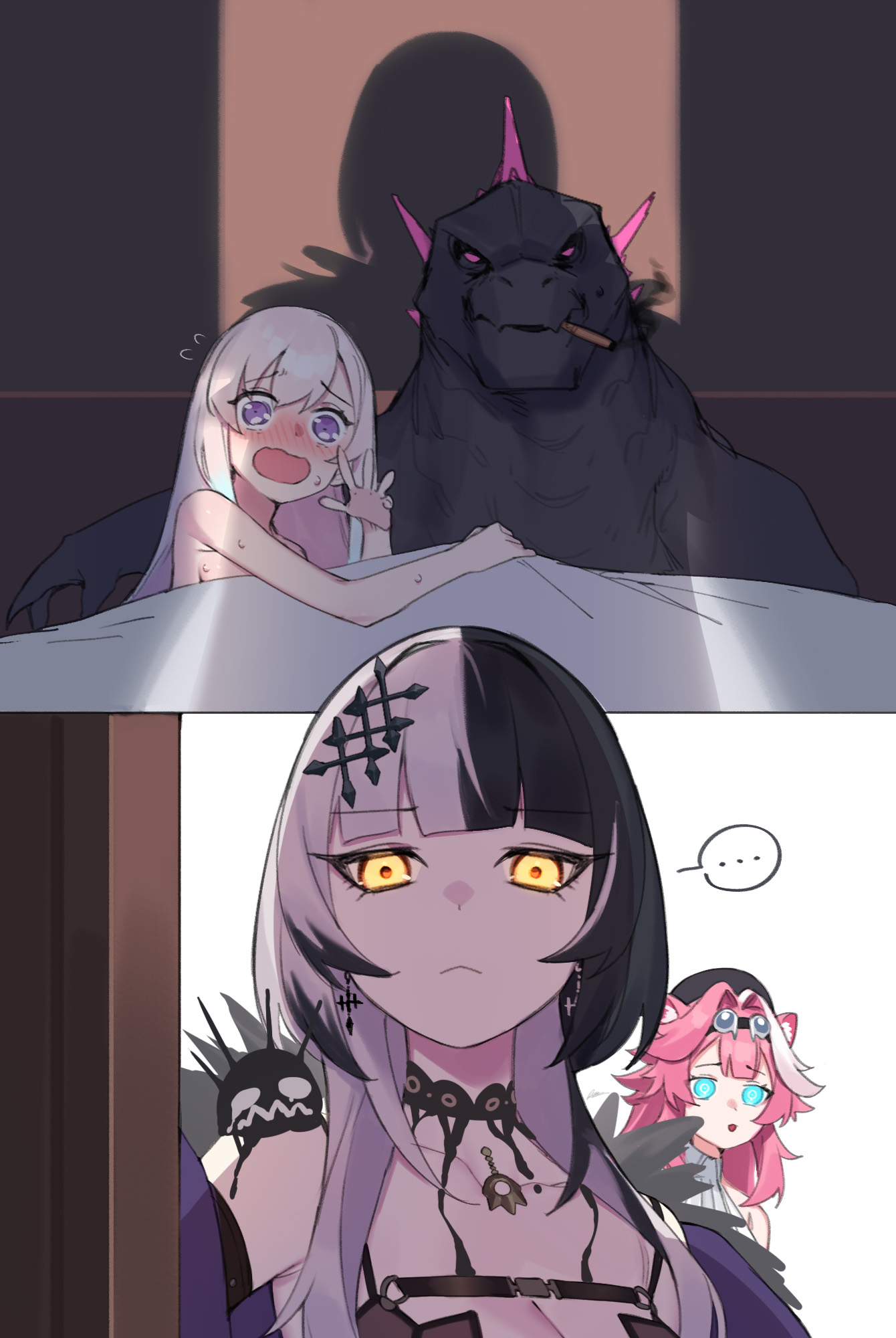 2025, after sex, airani iofifteen, blanket covering, dasdokter, godzilla, godzilla (evolved), godzilla (series), hololive, hololive english, hololive indonesia, humor, raora panthera, raora panthera (1st costume), shiori novella, tagme, virtual youtuber