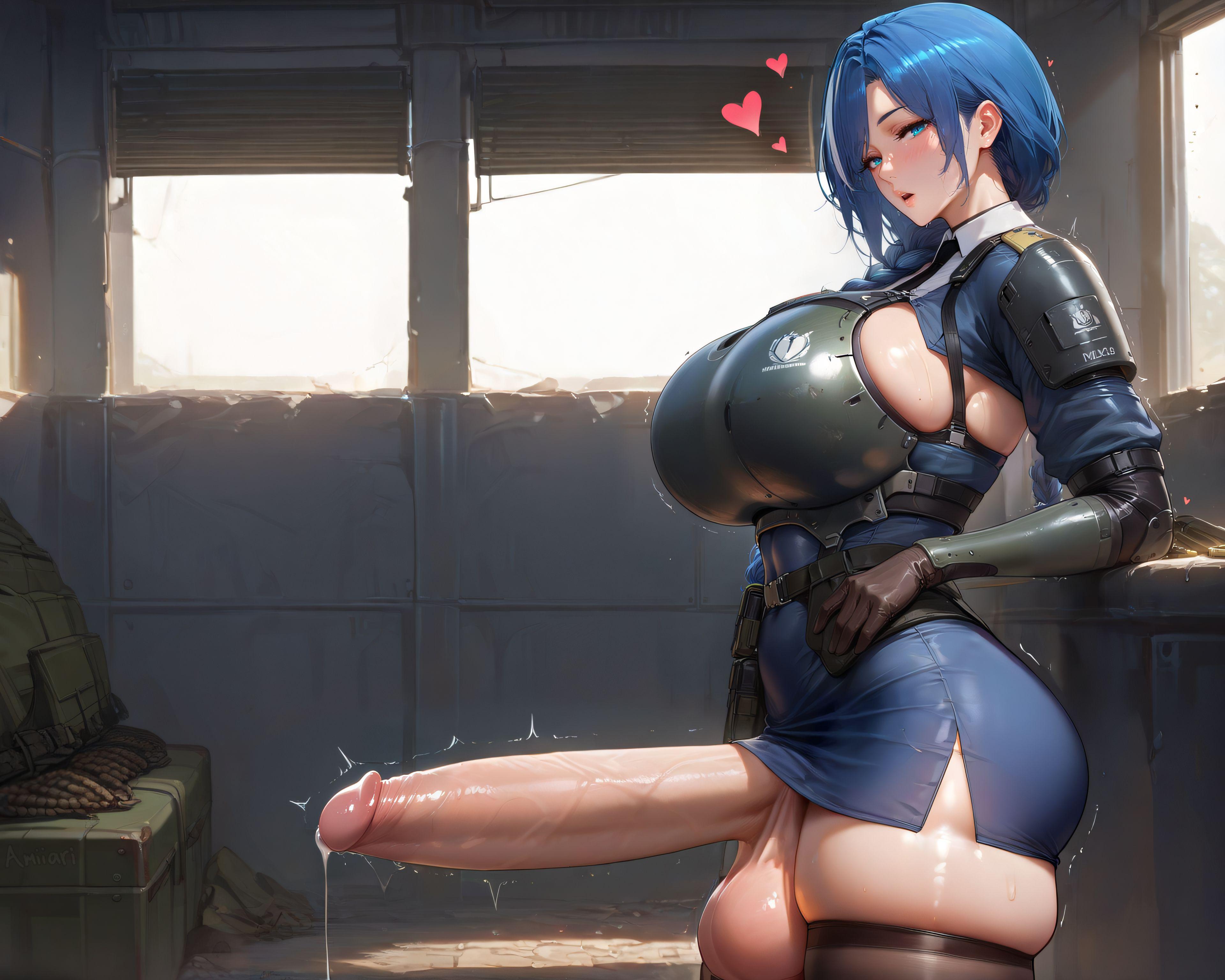 1futa, absurdres, ai generated, amiiari, armor, ass, bangs, belt, blue dress, blue eyes, blue hair, blue skirt, blush, braid, braided ponytail, breasts, cleavage, crack, dress, erection, eyebrows visible through hair, from side, futanari, gloves, half-closed eyes, heart, huge breasts, huge penis, imminent fellatio, imminent oral, indoors, large breasts, large penis, looking at viewer, looking to the side, milf, open mouth, parted lips, pauldrons, penis, pent up, pouch, precum, shiny hair, shiny skin, short hair, shoulder armor, sideboob, skin tight, skindentation, skirt, solo, stairs, standing, testicles, thick thighs, thighhighs, thighs, throbbing penis, tongue, trembling, twitching penis, uniform, veins, veiny penis
