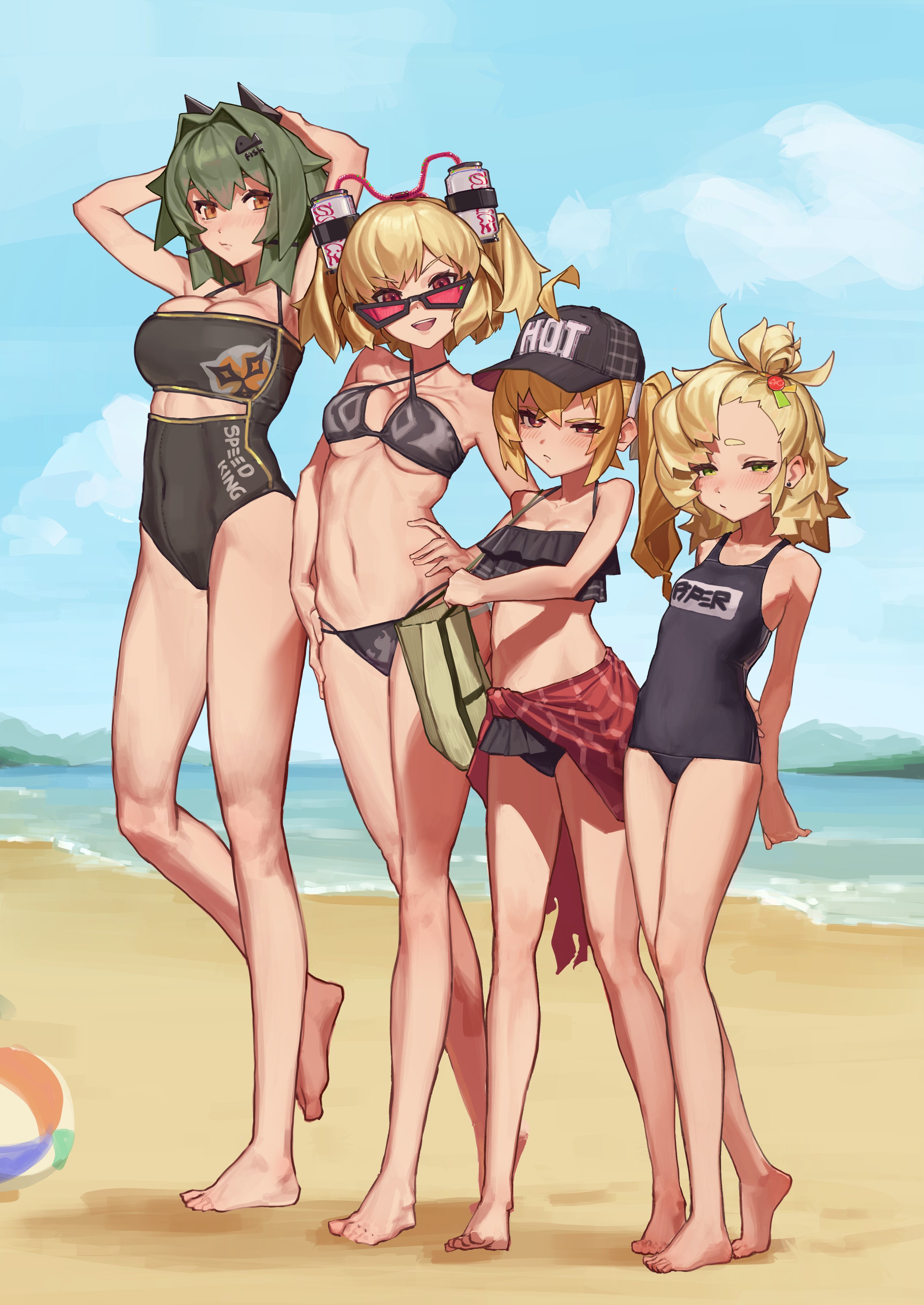4girls, beach, beach background, bikini, blonde female, blonde hair, breasts, burnice white, caesar king, feet, frilled bikini, frilled swimsuit, green hair, large breasts, luciana de montefio, medium breasts, midriff, navel, one-piece swimsuit, piper wheel, school swimsuit, small breasts, swimsuit, thighs, zenless zone zero