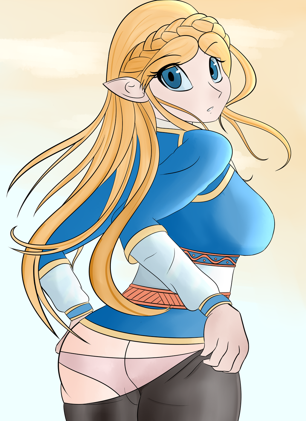 boobs_and_butt_pose breath_of_the_wild female huckser looking_at_viewer nintendo panties pants_down pink_panties princess_zelda solo the_legend_of_zelda zelda_(breath_of_the_wild)